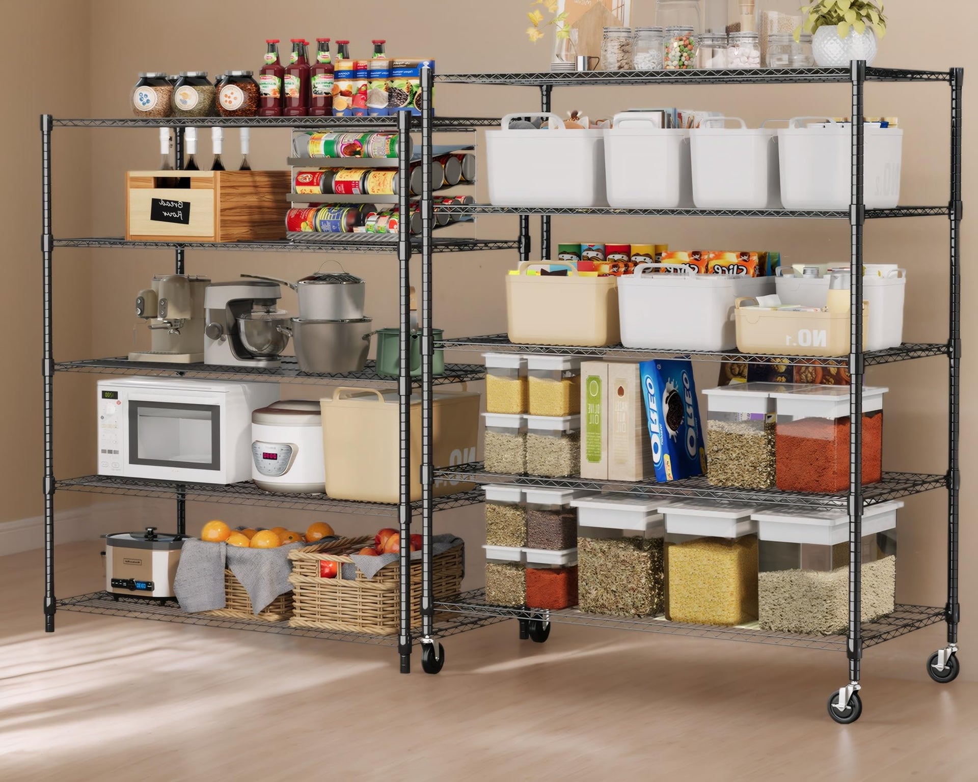 5 Tier Wire Shelving with Wheels Heavy Duty Height Adjustable Metal Shelves for Storage (5 Count)