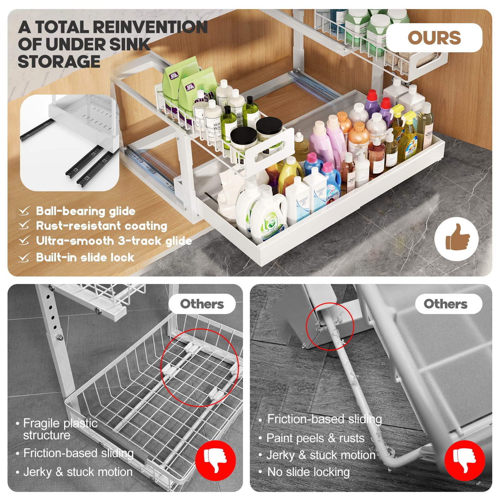 1 Pack-16"-26"W Expandable Under Sink Organizer With Upgrade Ball-Bearing Slide,2-Tier Pull Out Under Cabinet Organizer Height Adjustable,Not Suitable For Cabinets With Partitions In The Middle