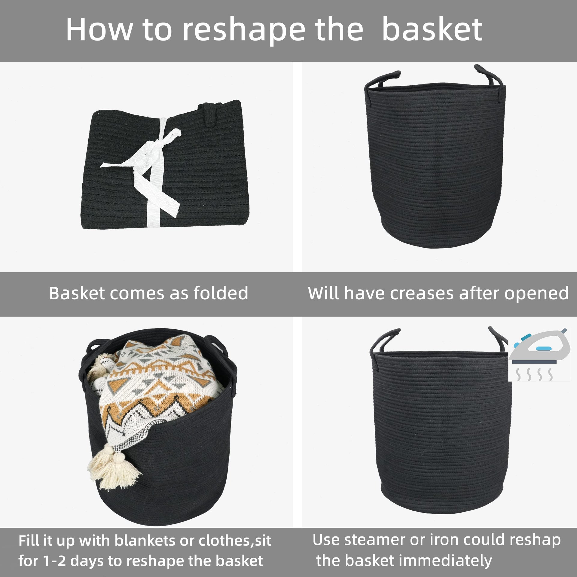 Black Cotton Rope Laundry Basket Hamper for Clothes Large