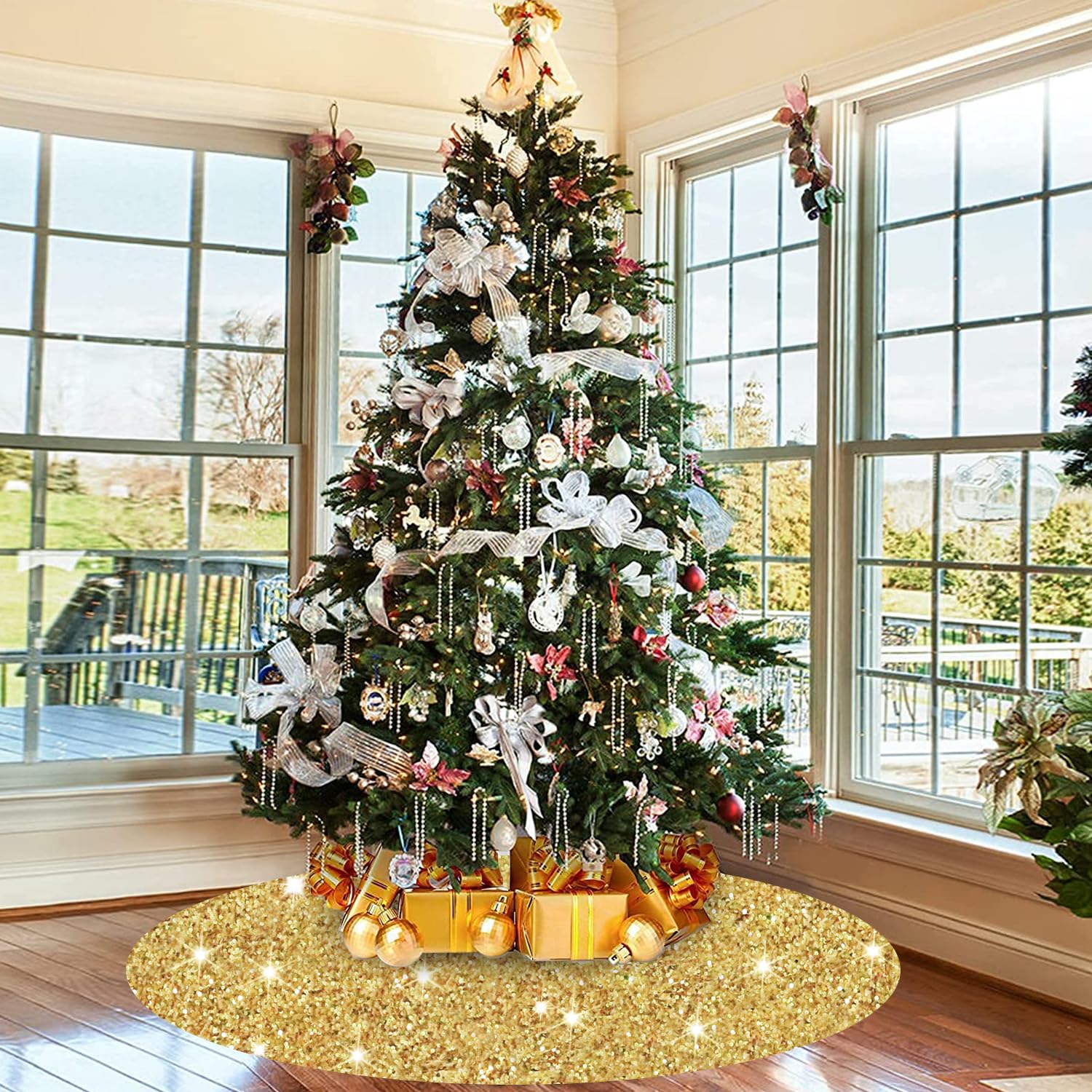 Christmas Tree Skirt Gold Tree Skirt 36 Inch Velvet Tree Skirt Sequin Xmas Tree Skirts Sparkle Tree Skirts Glittery Christmas Tree Ring Collar for Christmas Winter Holiday Home Ornaments