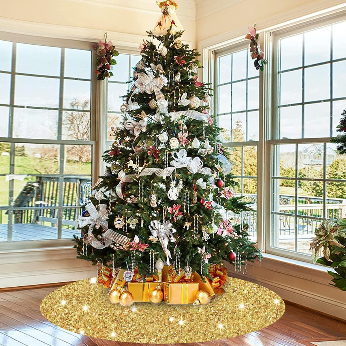 Christmas Tree Skirt Gold Tree Skirt 36 Inch Velvet Tree Skirt Sequin Xmas Tree Skirts Sparkle Tree Skirts Glittery Christmas Tree Ring Collar for Christmas Winter Holiday Home Ornaments