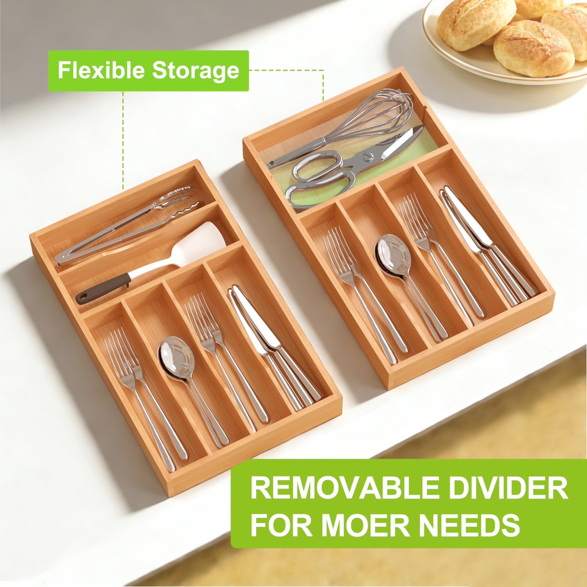 Bamboo Kitchen Silverware Organizer with Removable Divider