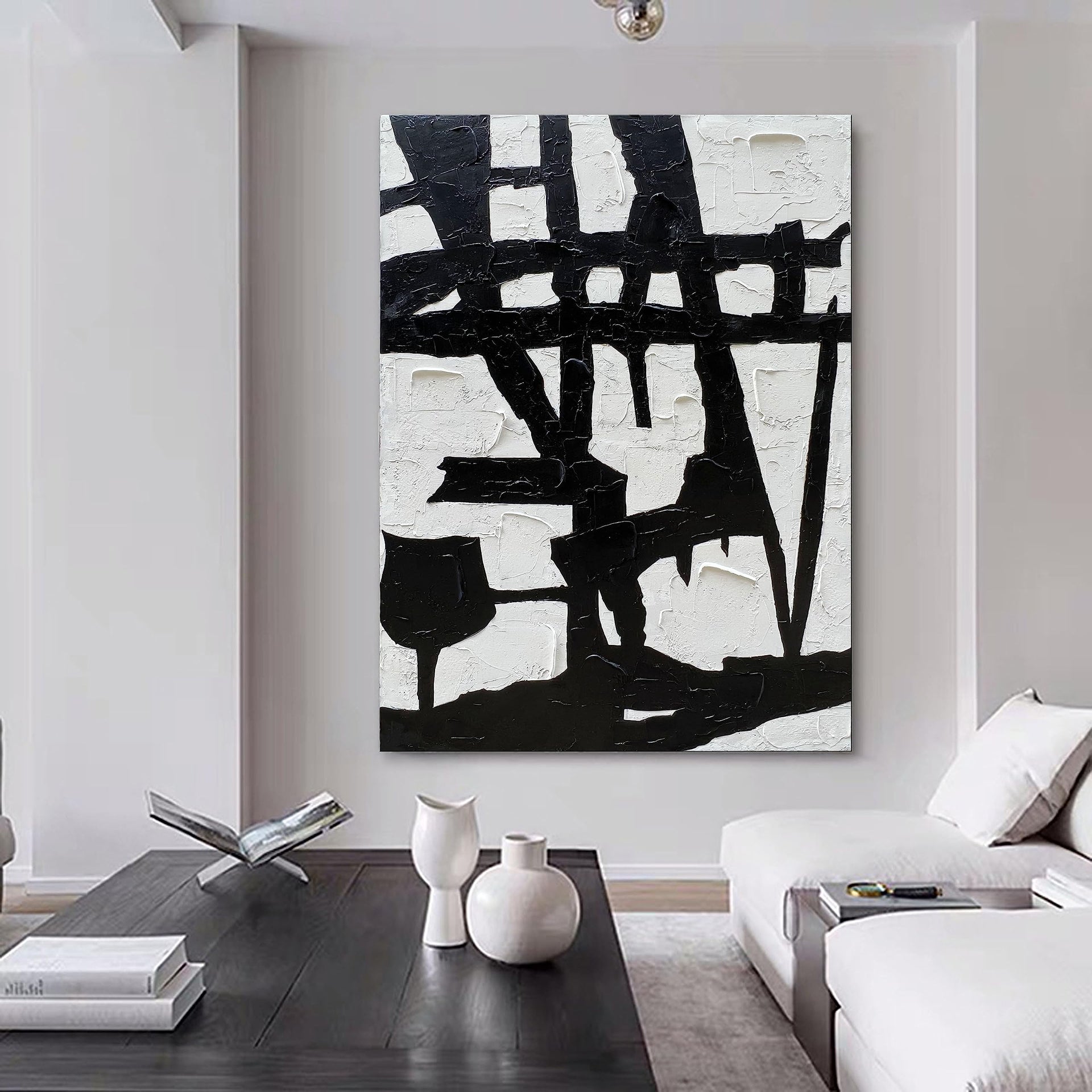 Hand Painted Black and White Wall Art Minimalist Black and White Abstract Painting Large Oil on Canvas Texture Wall Art 45x30 inches