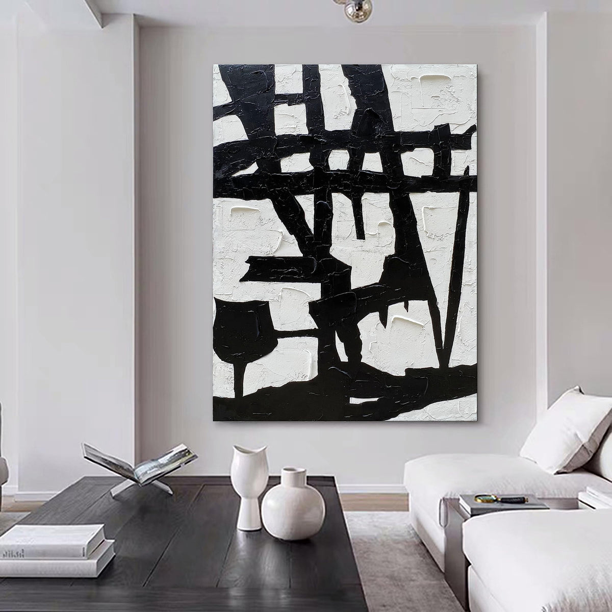 Hand Painted Black and White Wall Art Minimalist Black and White Abstract Painting Large Oil on Canvas Texture Wall Art 45x30 inches