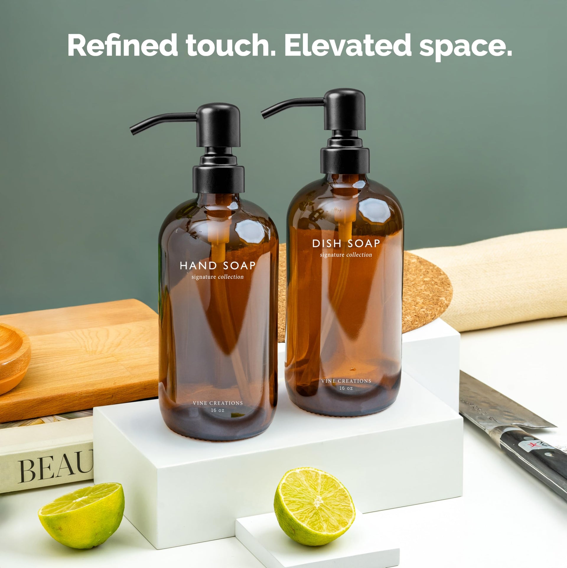 Amber Glass Soap Dispenser Set (16 Ounce)