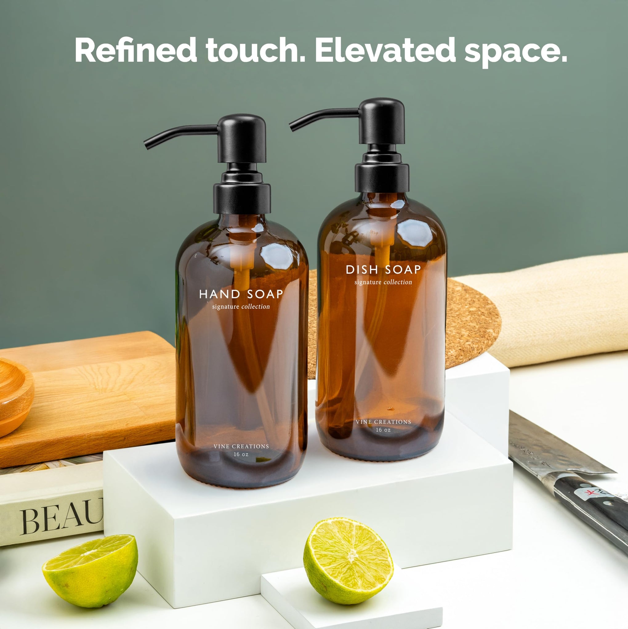 Amber Glass Soap Dispenser Set (16 Ounce)