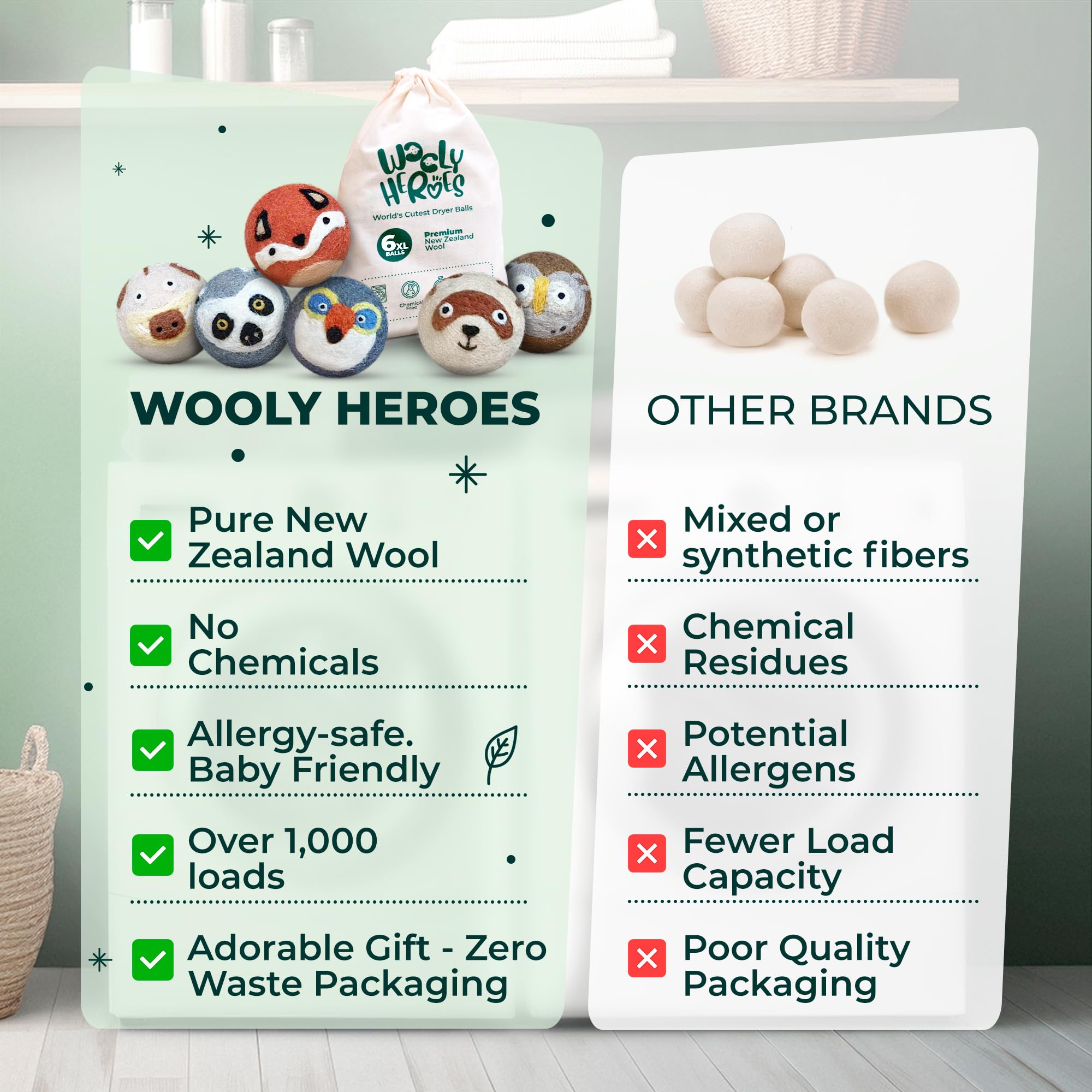 Chemical Free & Baby Safe! Reusable Wool Dryer Balls XL 6 (6 Count)