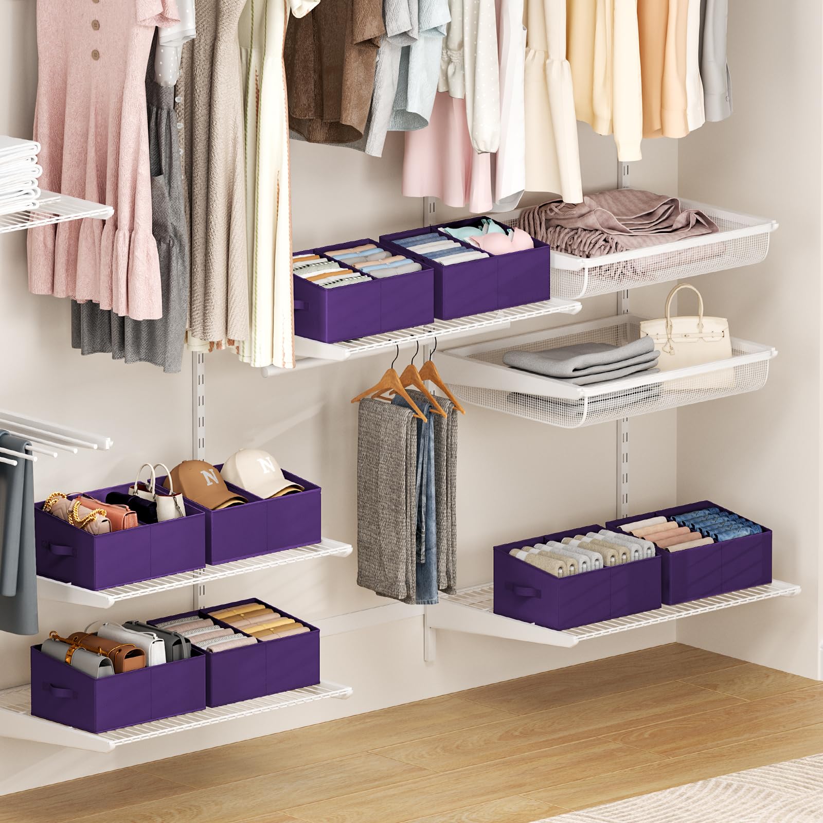 Large Closet Shelf Organizer Bins 6 Packs with Handles and Divider (6 Count)
