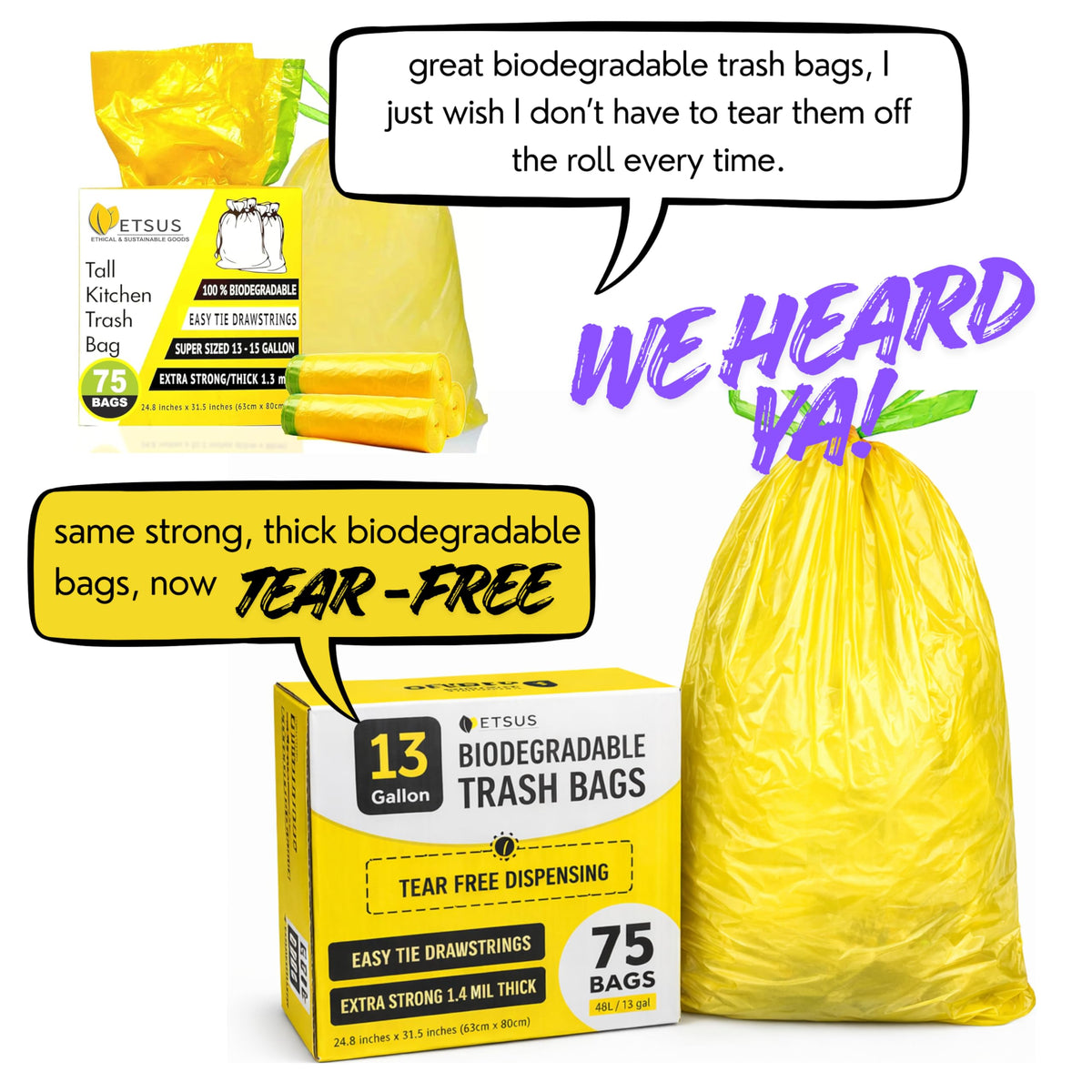 13 Gallon Biodegradable Trash Bags with Drawstring (75 Count)