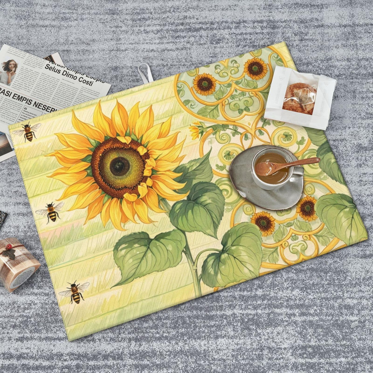 Sunflower Bee Dish Drying Mat Highly Absorbent Double