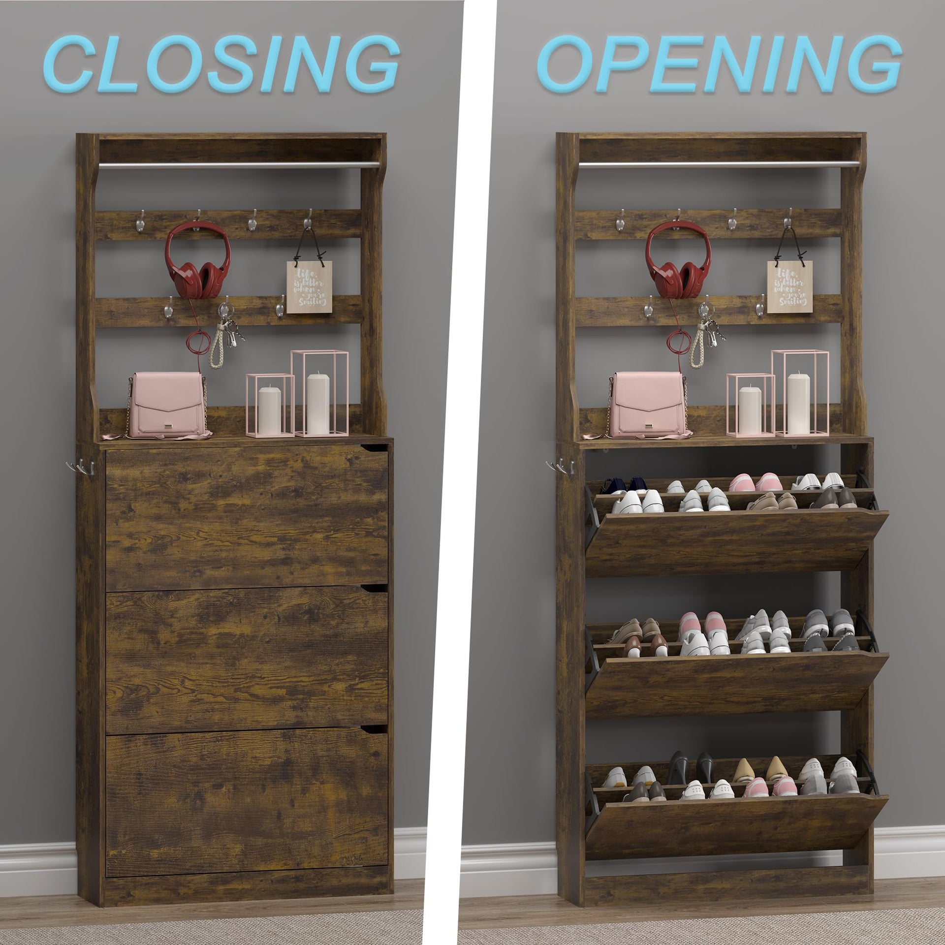 Shoe Cabinet with 3 Flip Drawers & Coat Rack
