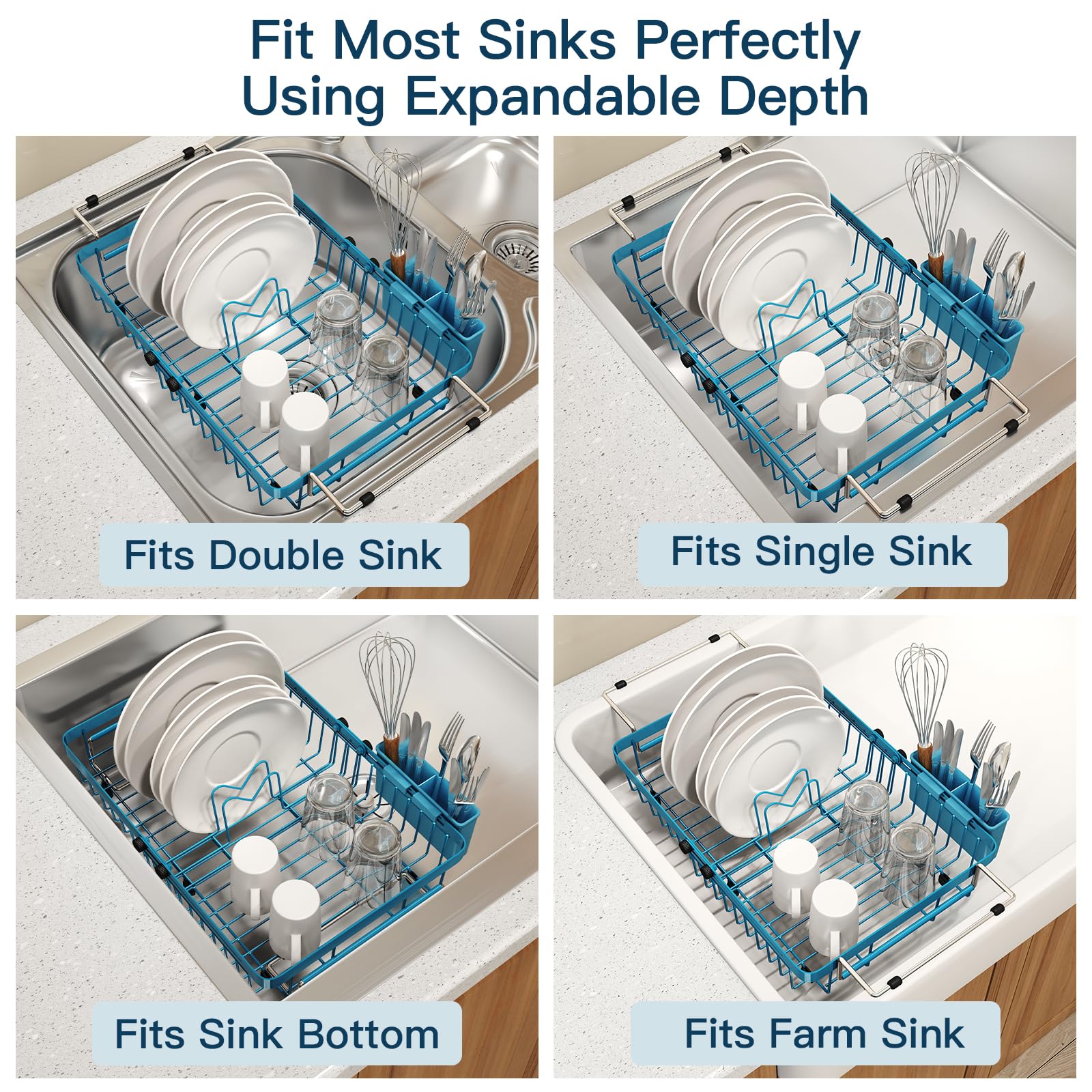 Blue Dish Drying Rack Over The Sink with Utensil Holder