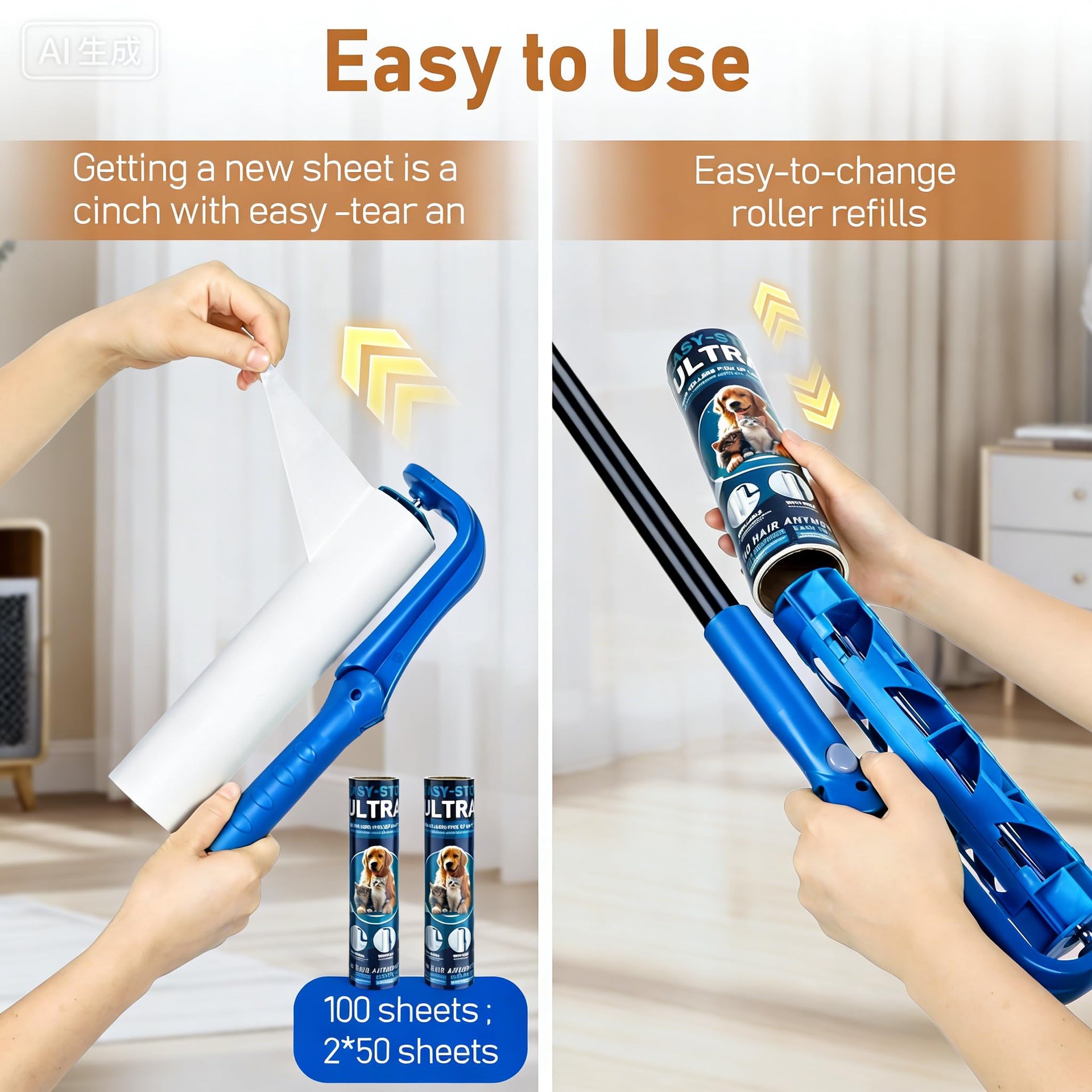 10" Large Lint Roller for Pet Hair Extra Sticky (100 Count)