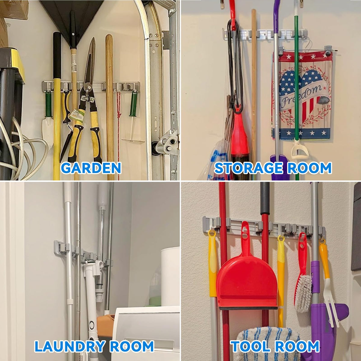 Broom Holder Wall Mount Mop Hanger Tools organizer 4Racks 5Hooks