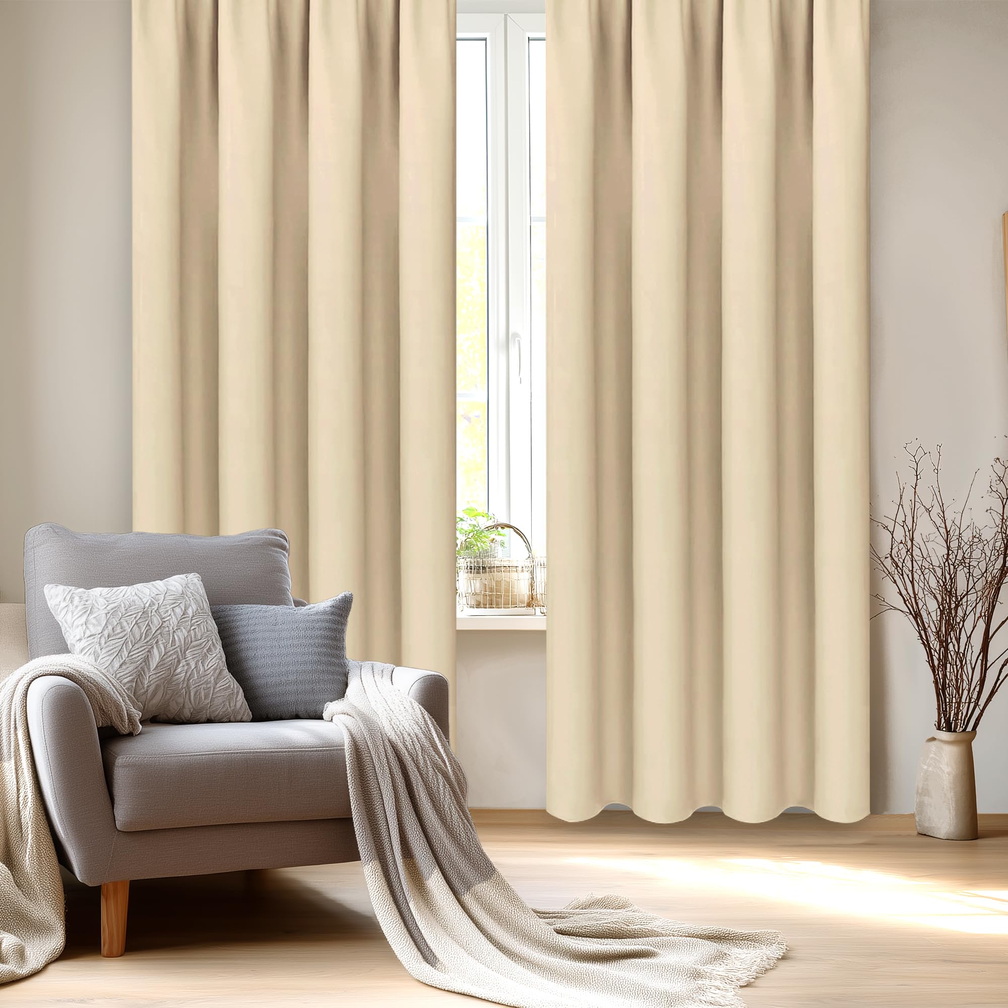 Wide Blackout Curtains for Bedroom Living Room 70 x 84 Inch Long Beige (2 Count)