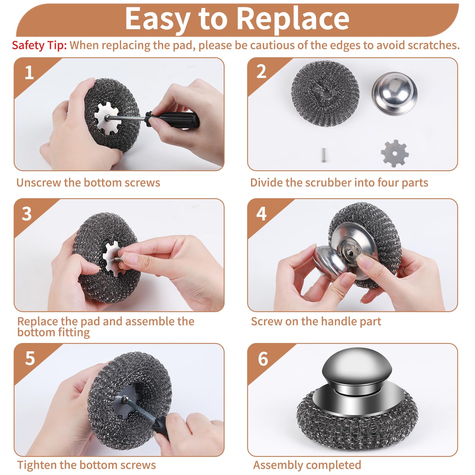 4pcs Steel Wool Scrubber with Replacement Wire Sponge Pads (6 Count) - ModHome Supplies
