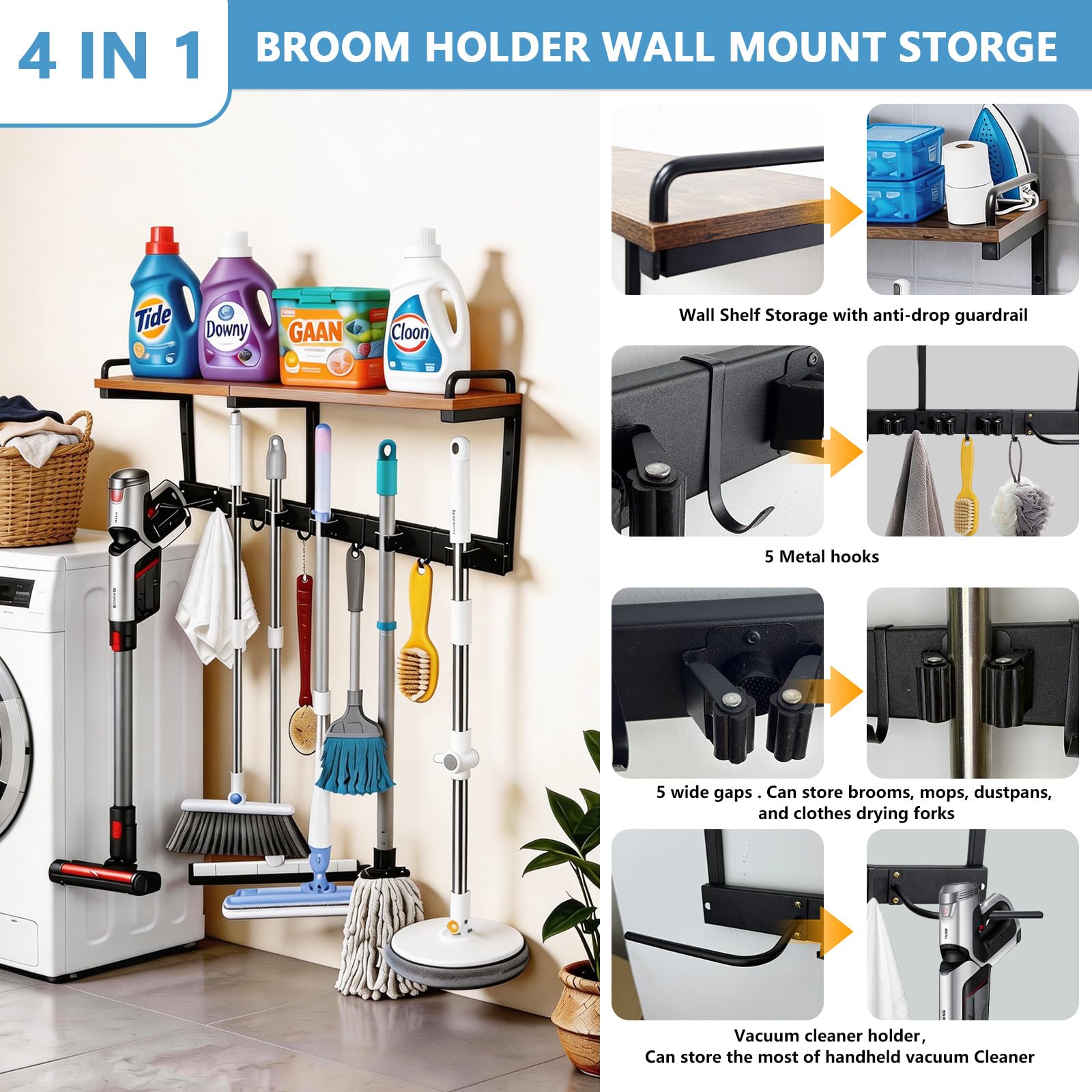 Broom Holder Wall Mount With Cleaning Supplies Organizer Shelf Broom And Mop Organizer Wall Hanging With Vacuum Holder Wall Mount