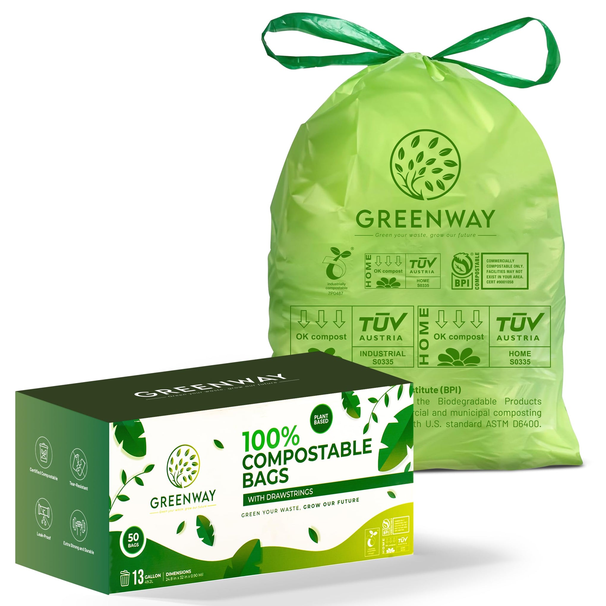13 Gallon Compostable Drawstring Trash Bags (50 Count)