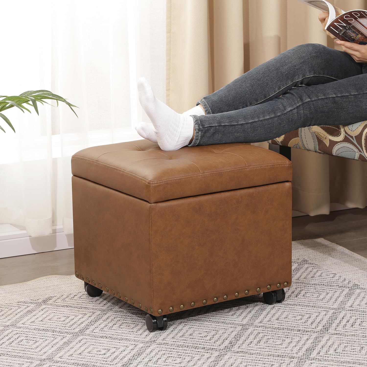 16.7" H Vintage Golden Brown Leather Storage Ottoman with 360 Caster Wheels