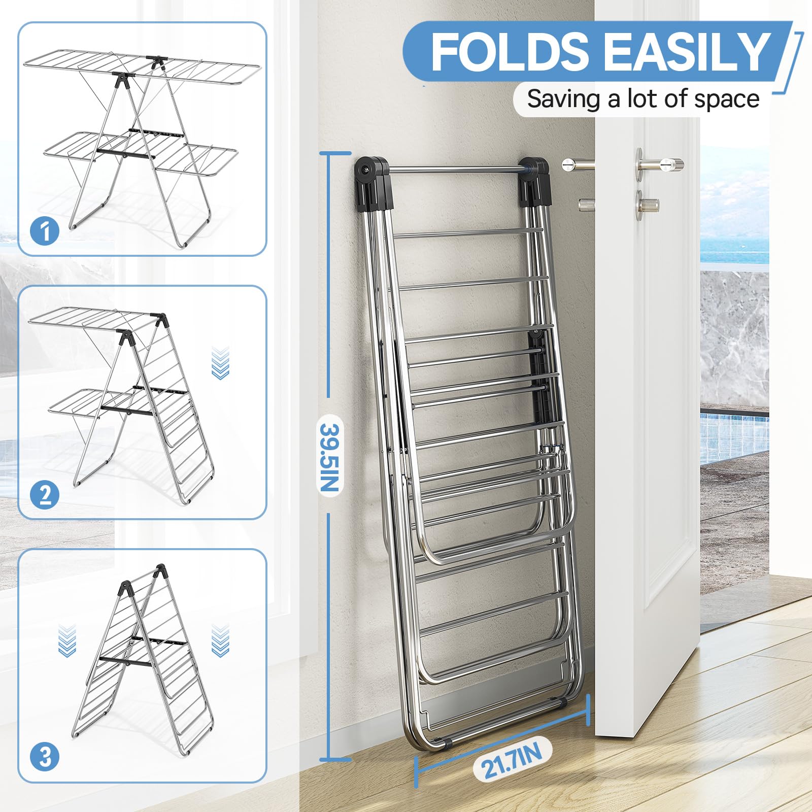 Large Stainless Steel Clothes Drying Rack with 4 Wings
