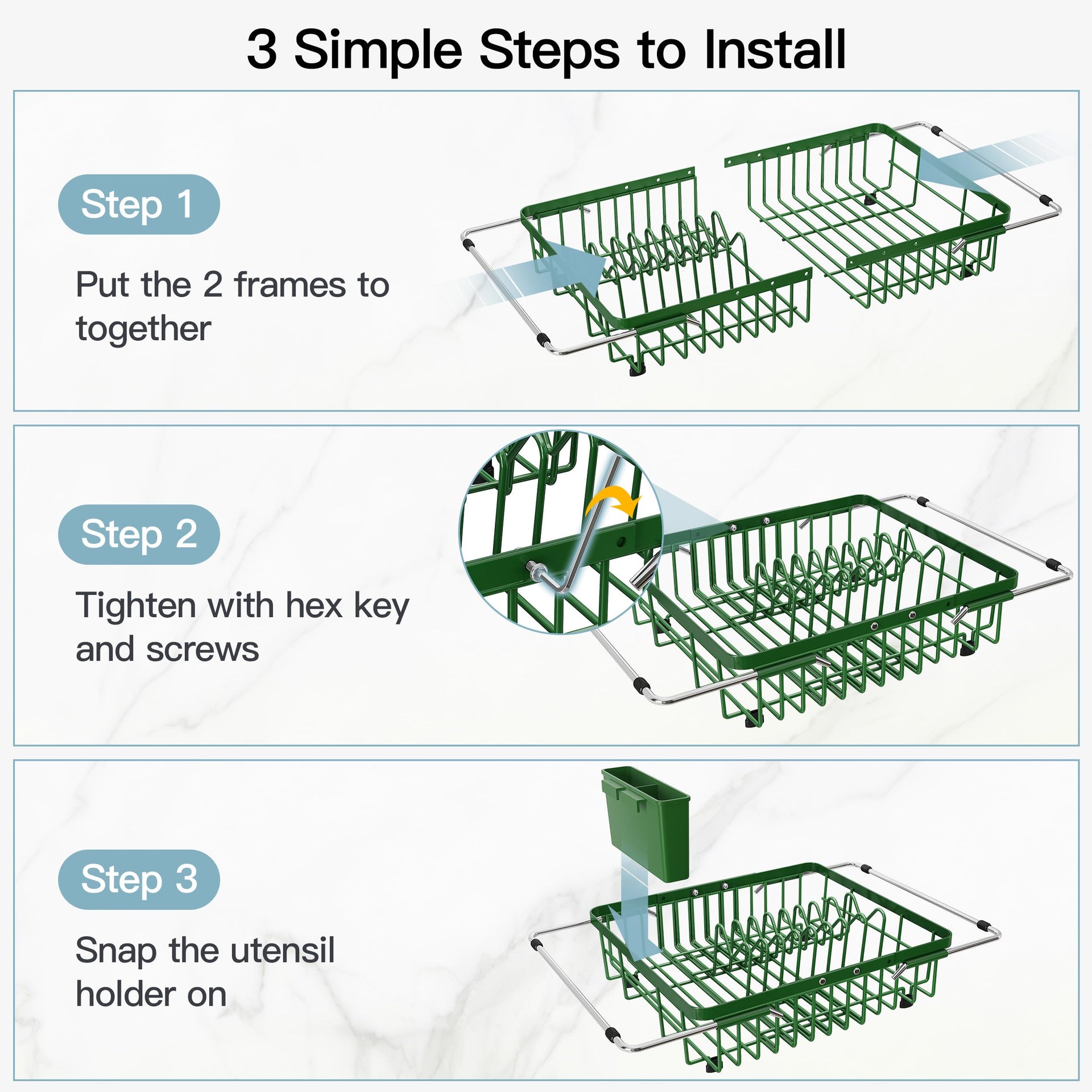 Green Dish Drying Rack Over the Sink with Utensil Holder