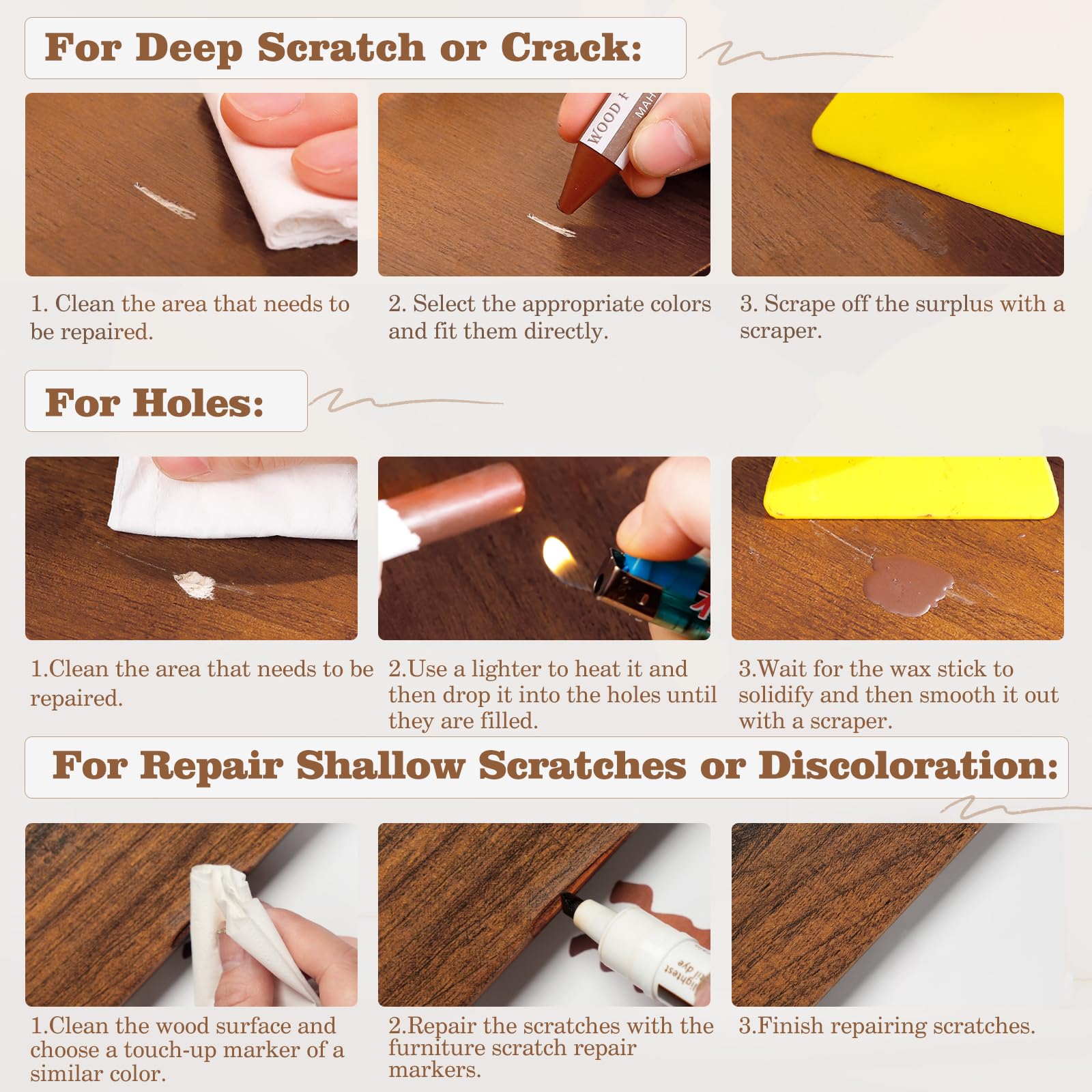 8 Colors Wood Wax Sticks ＆ Wood Markers Furniture Repair Kit (19 Count)