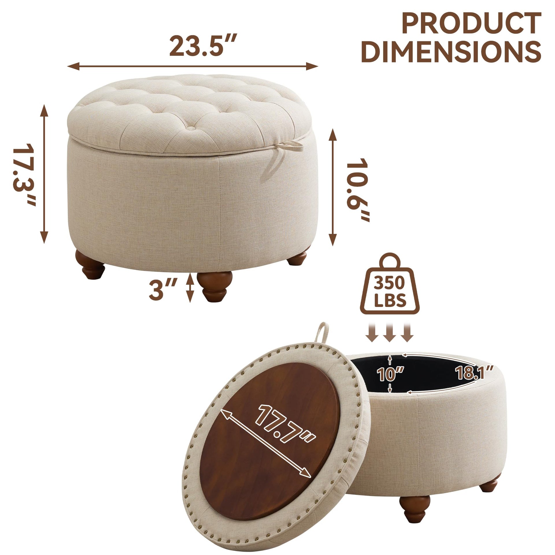 24Inch Round Storage Ottoman with Tray