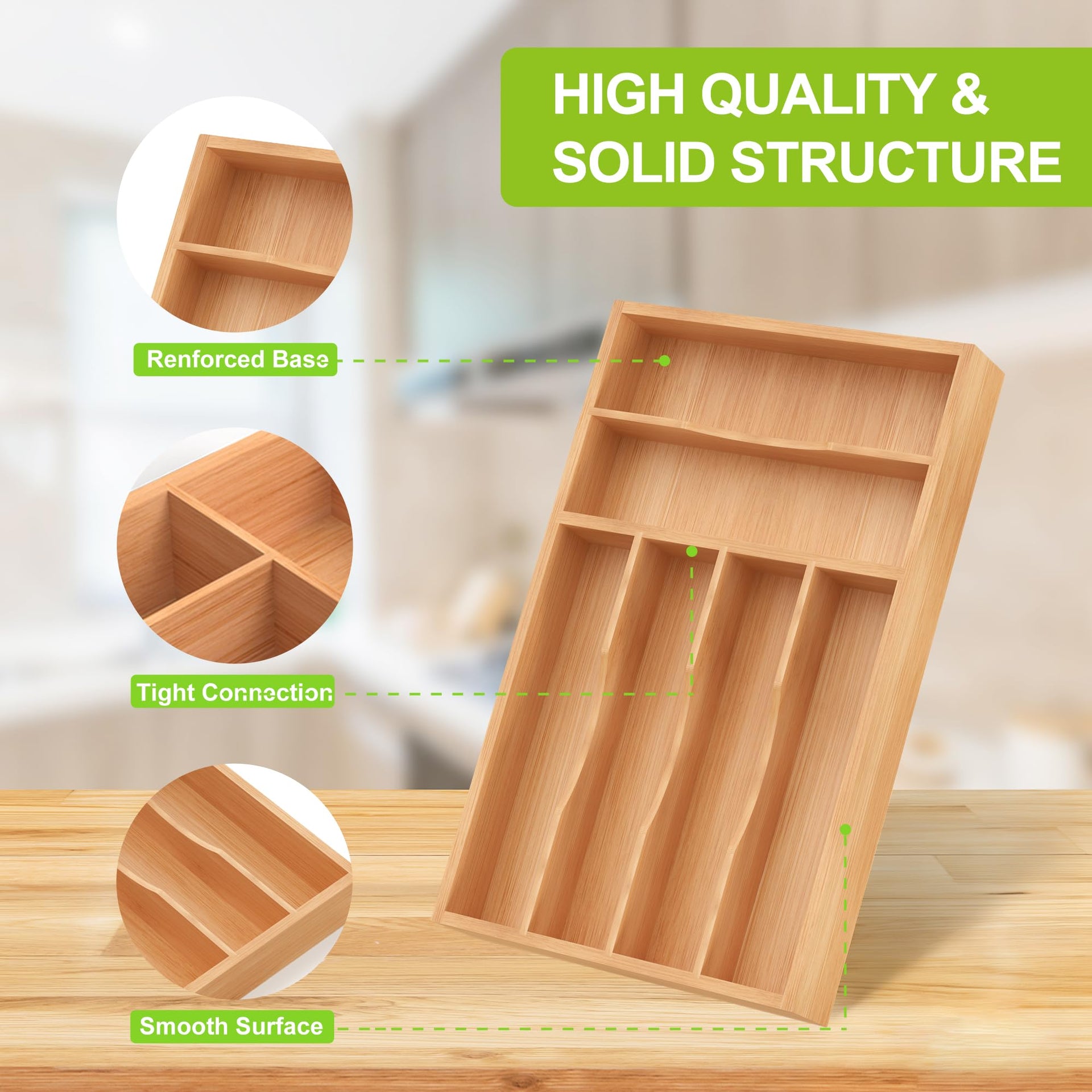 Bamboo Kitchen Silverware Organizer with Removable Divider