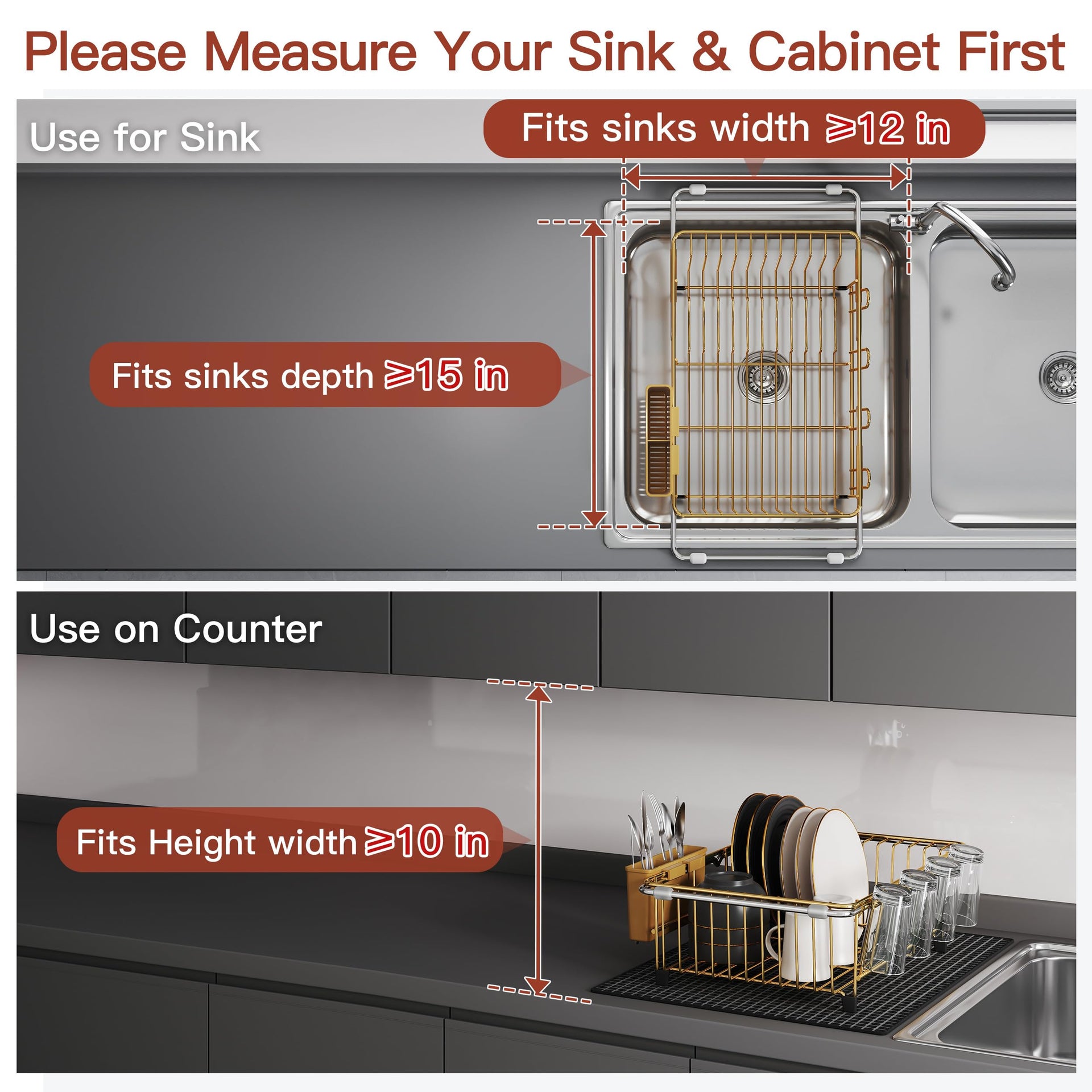 Gold Dish Drying Rack in Sink with Mat