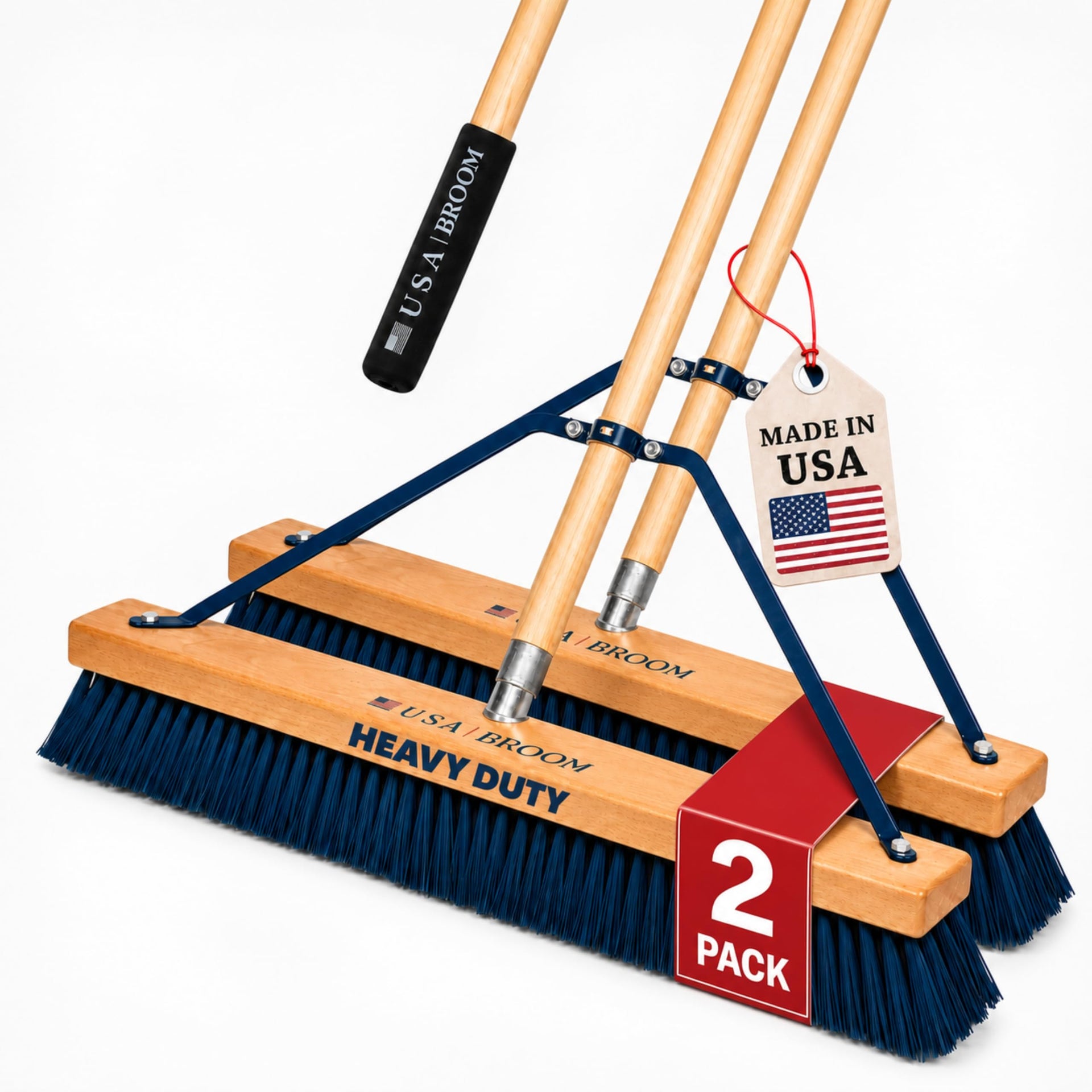 2-Pack - 24" Heavy Duty Outdoor Push Broom with 60" Handle. Ideal for Asphalt, Concrete & Heavy Debris. Durable American Made Steel Brackets-Stainless Steel Hardware. No Plastic. 100% USA Made