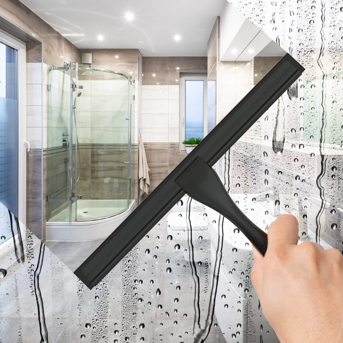All Purpose Stainless Steel Shower Squeegee for Shower Doors with 2 Adhesive Hooks