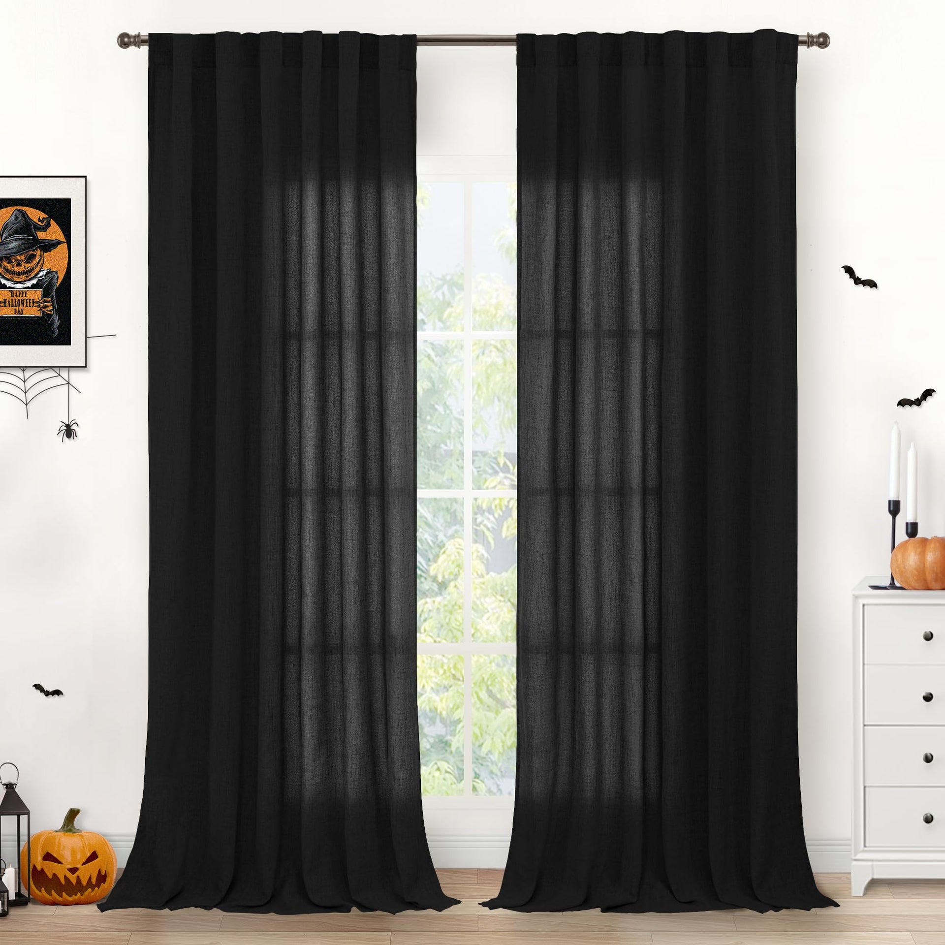 Black Linen Curtains for Living Room 95 Inch Length (2 Count)
