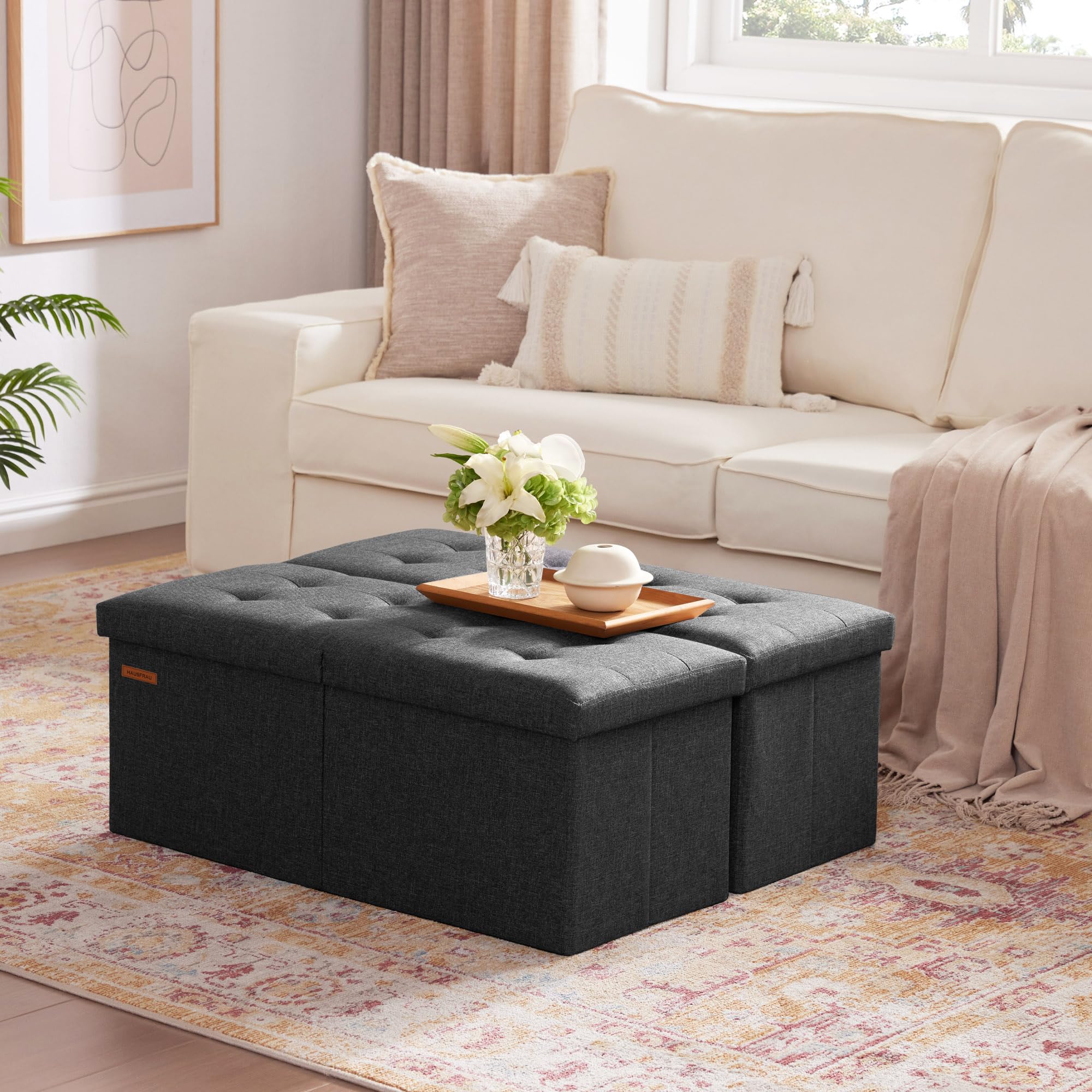 Ottoman with Storage Bench Folding Foot Rest Stool Linen Gray
