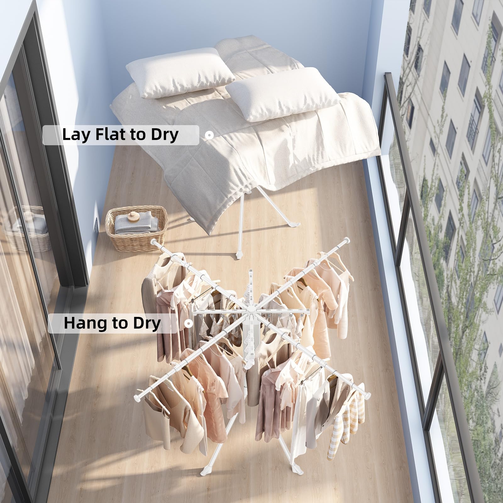 Clothes Drying Rack Foldable Extending Laundry Rack with 16 Clips Collapsible Clothing Rack Space