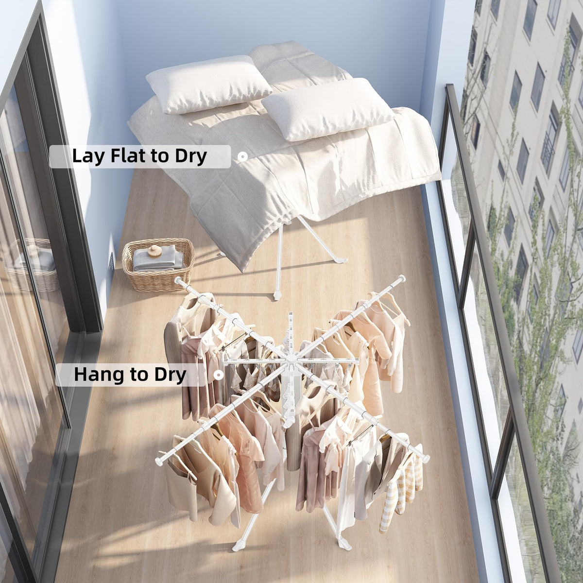 Clothes Drying Rack Foldable Extending Laundry Rack with 16 Clips Collapsible Clothing Rack Space