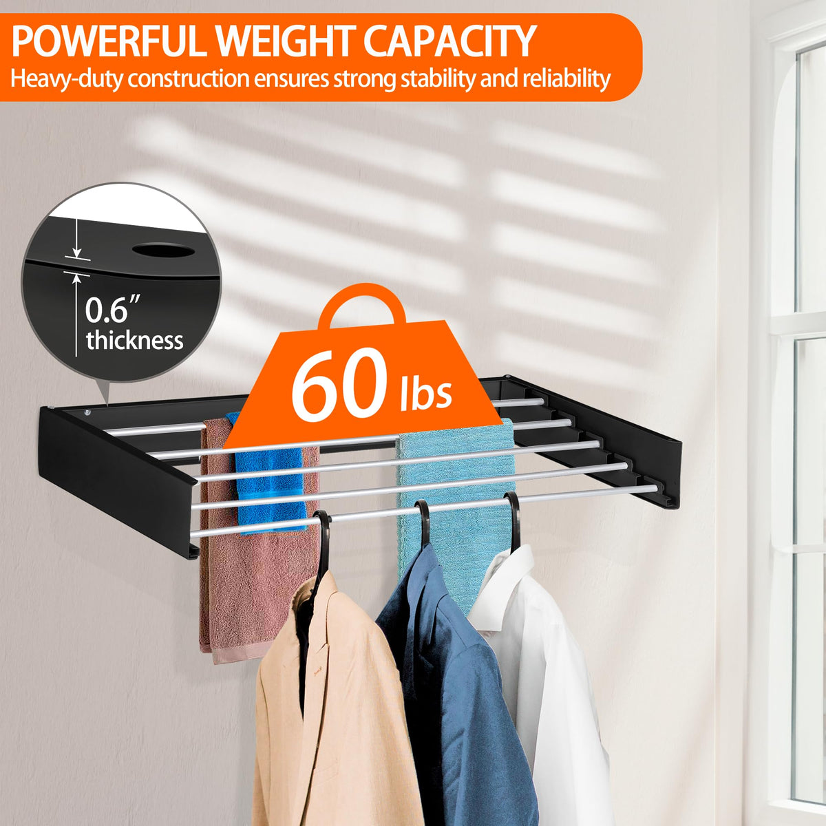 Laundry Drying Rack Wall Mounted Clothes Drying Rack Collapsible with 5 Aluminum Rods and Drilling Template Long Screwdriver Bit 60 lbs Capacity