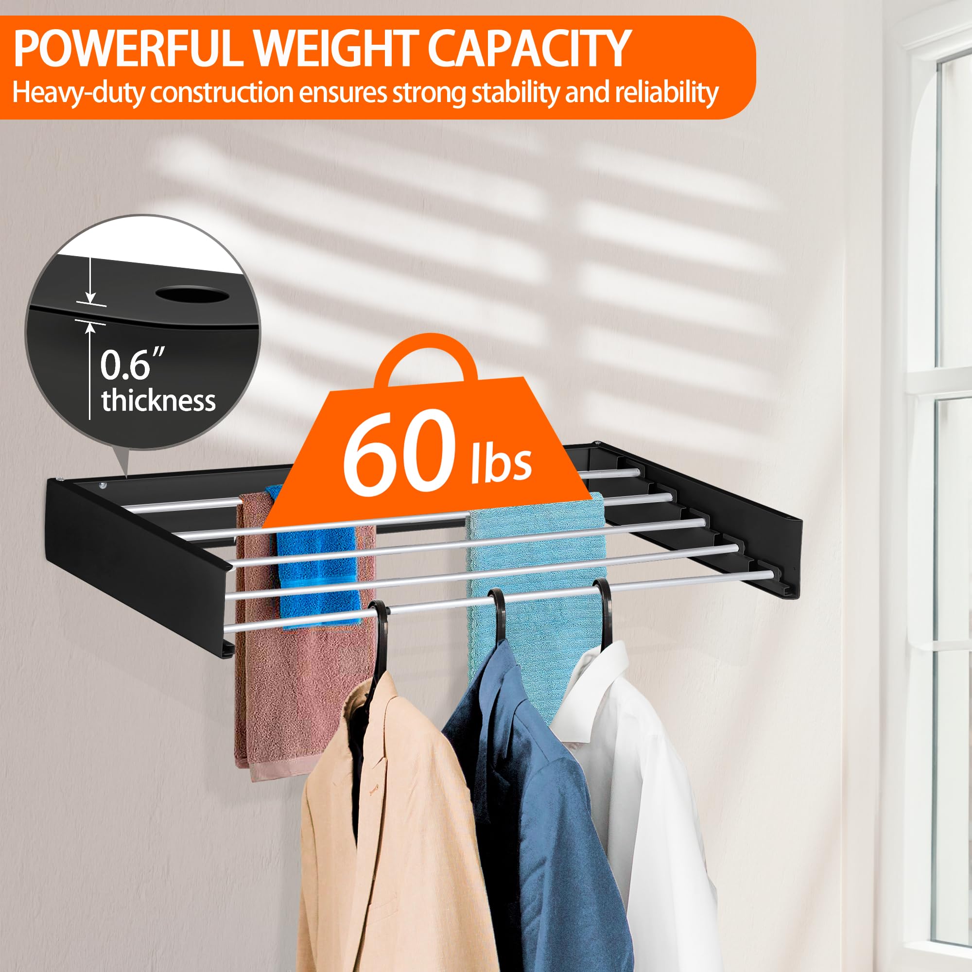 Laundry Drying Rack Wall Mounted Clothes Drying Rack Collapsible with 5 Aluminum Rods and Drilling Template Long Screwdriver Bit 60 lbs Capacity
