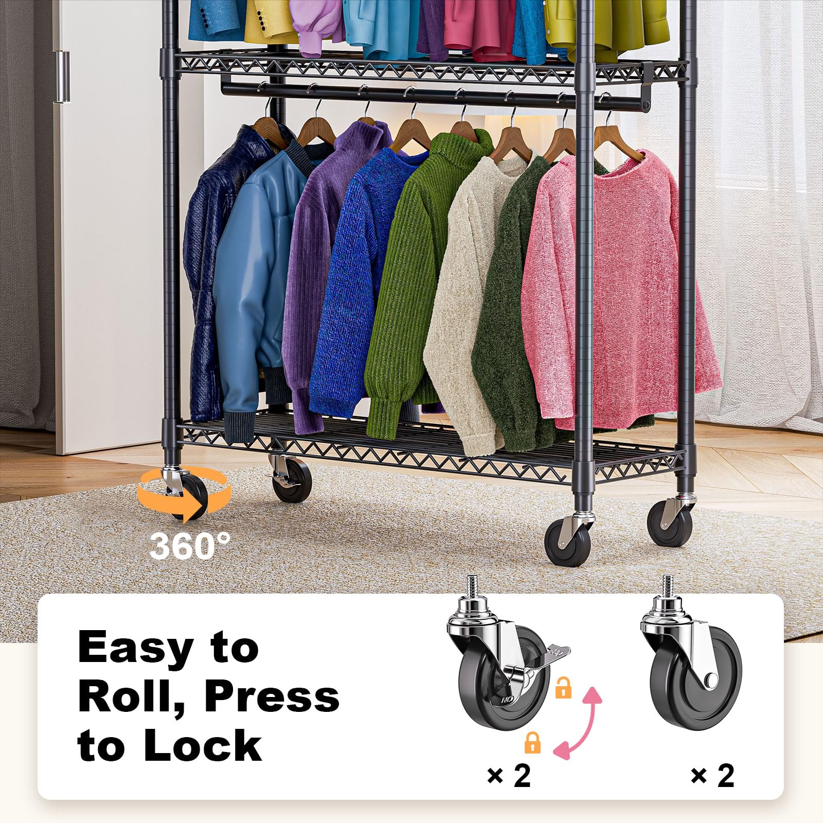 Heavy Duty Rolling Garment Rack 3 Tiers Adjustable Wire Shelving Clothes Rack with 2 Rods and Side Hooks