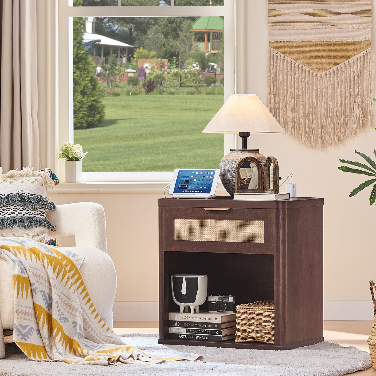 Rattan Nightstand with Charging Station