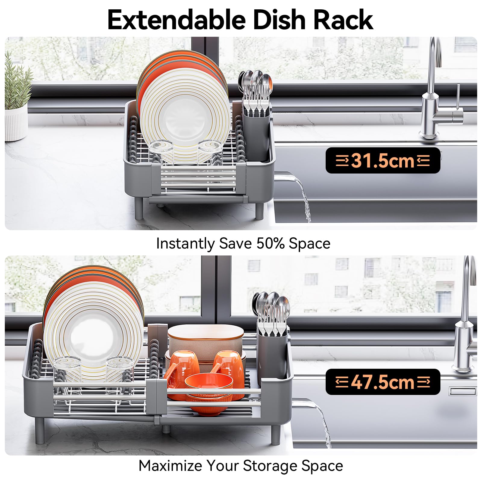 Extendable Stainless Dish Drying Rack for Kitchen Counter