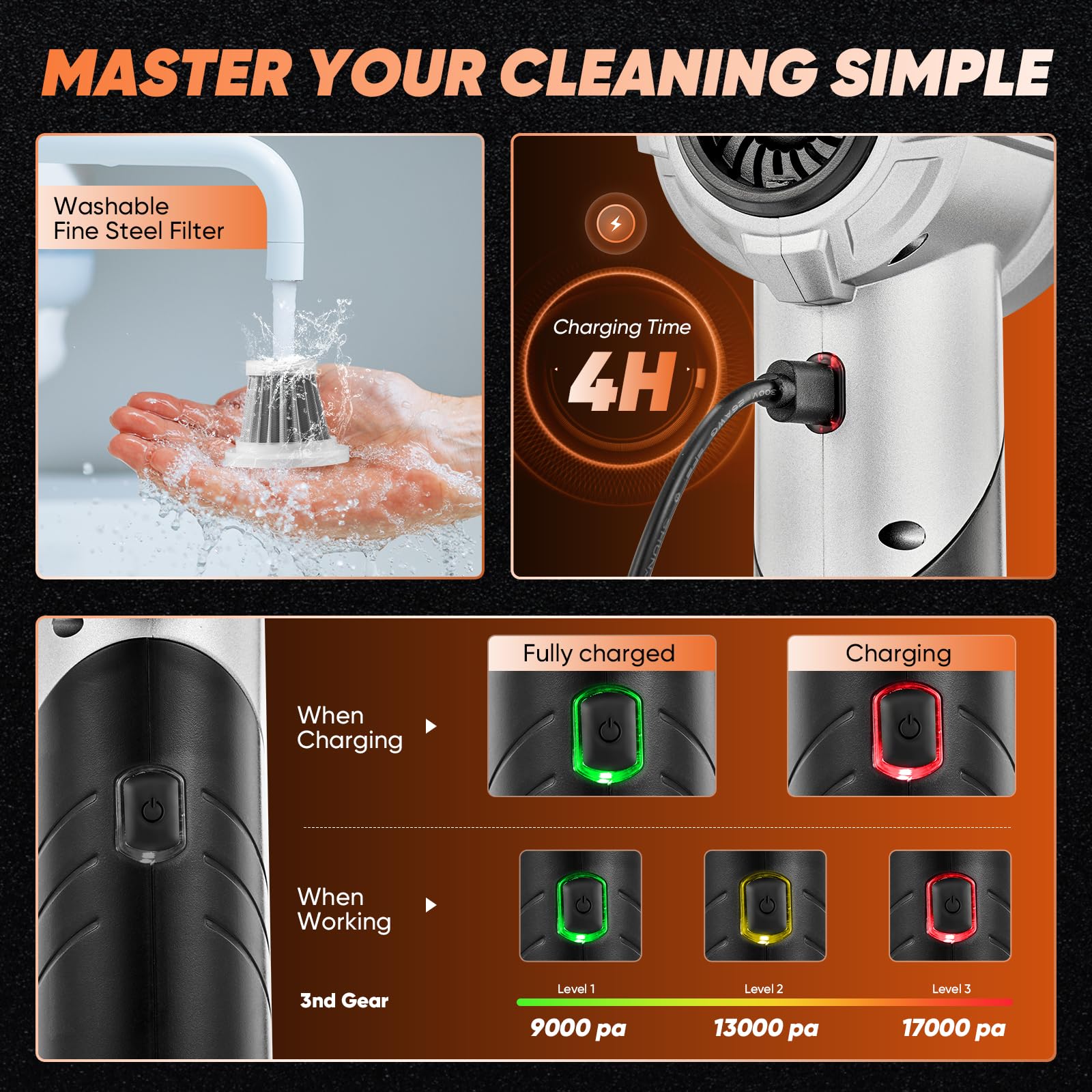 Handheld Car Vacuum Cordless Portable 17000PA Foldable HL133 Black