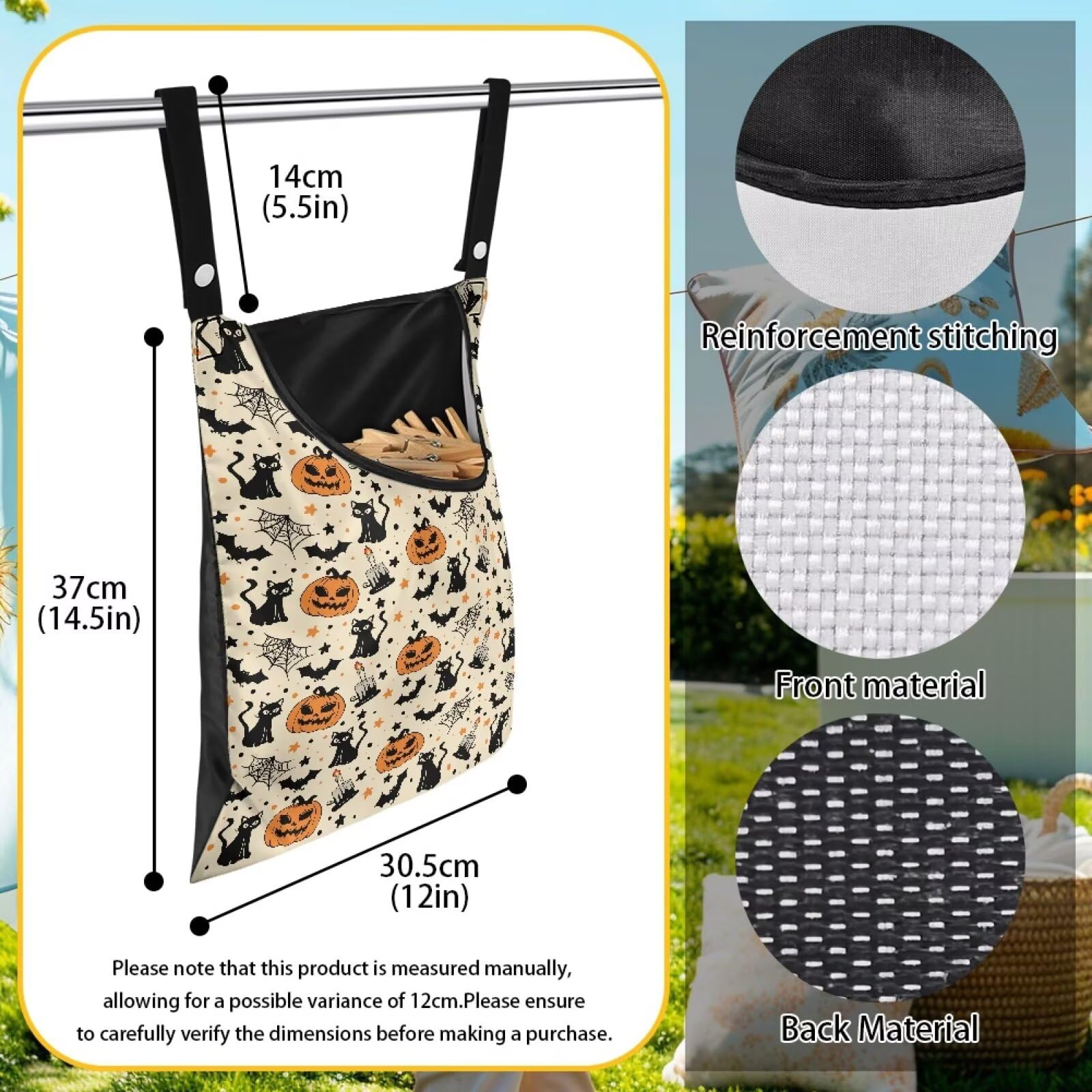 Cream Pumpkin Clothespin Organizer Bag Halloween Clothespin Bags with Hanging Hook Waterproof Clothes Pin Storage Organizer with Large Opening Clothespins Bag for Clothesline Outdoor