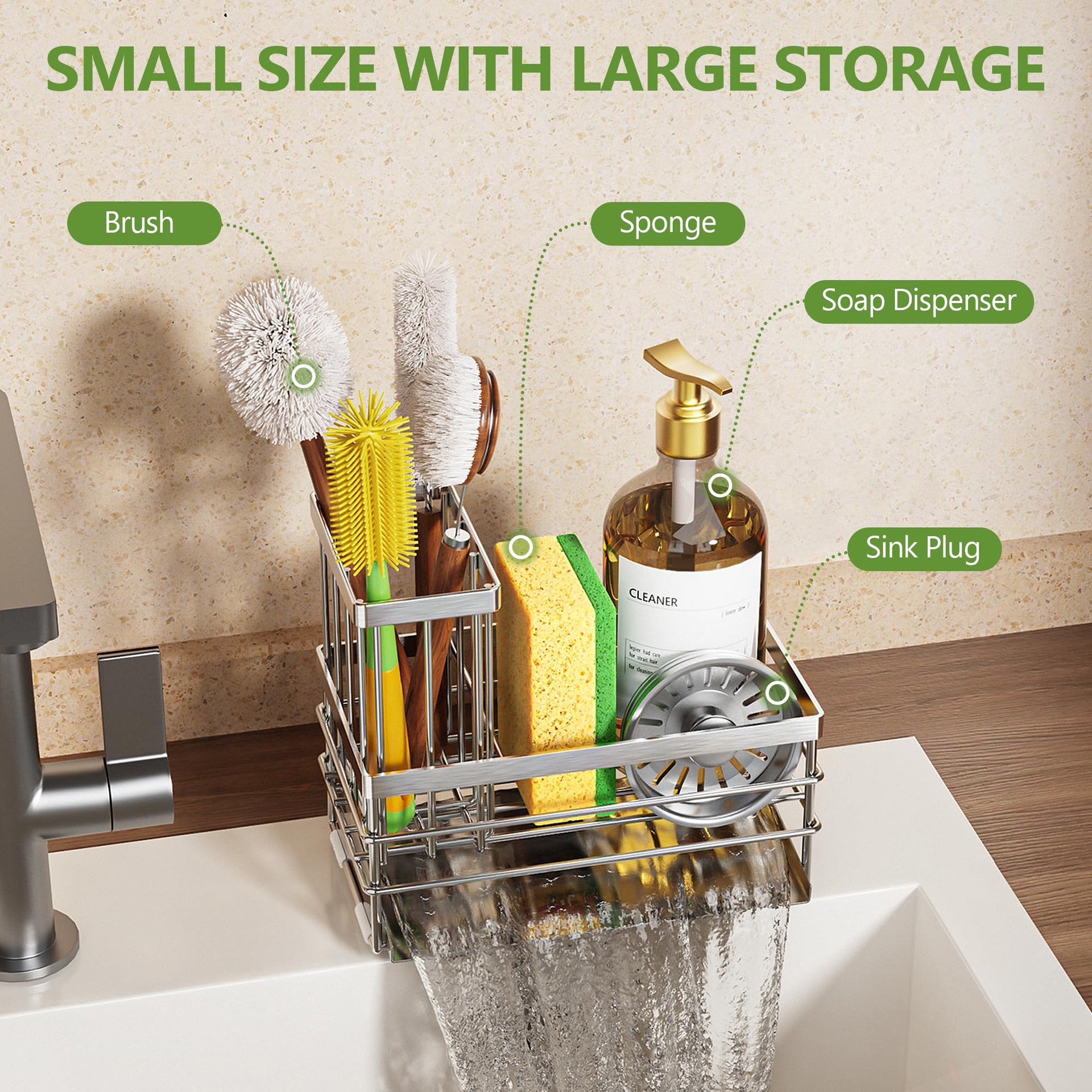 Sink Caddy Sponge Holder for Kitchen with Brush Holder and Stainless Steel Self Drain Tray