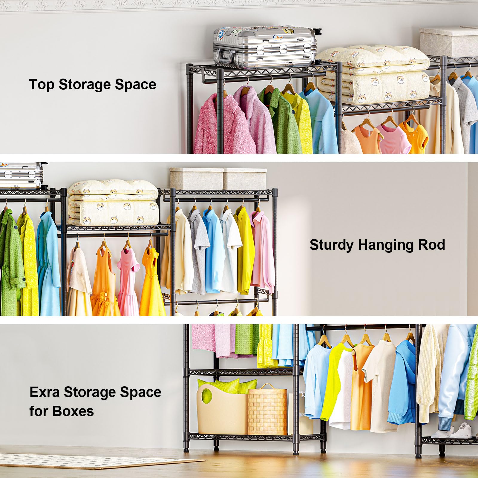 Heavy Duty Rolling Garment Rack 6 Tiers Adjustable Wire Shelving Clothes Rack with Rods Storage Closet Clothing Rack Black 15.7" D x 70.8" W x 76.5" H