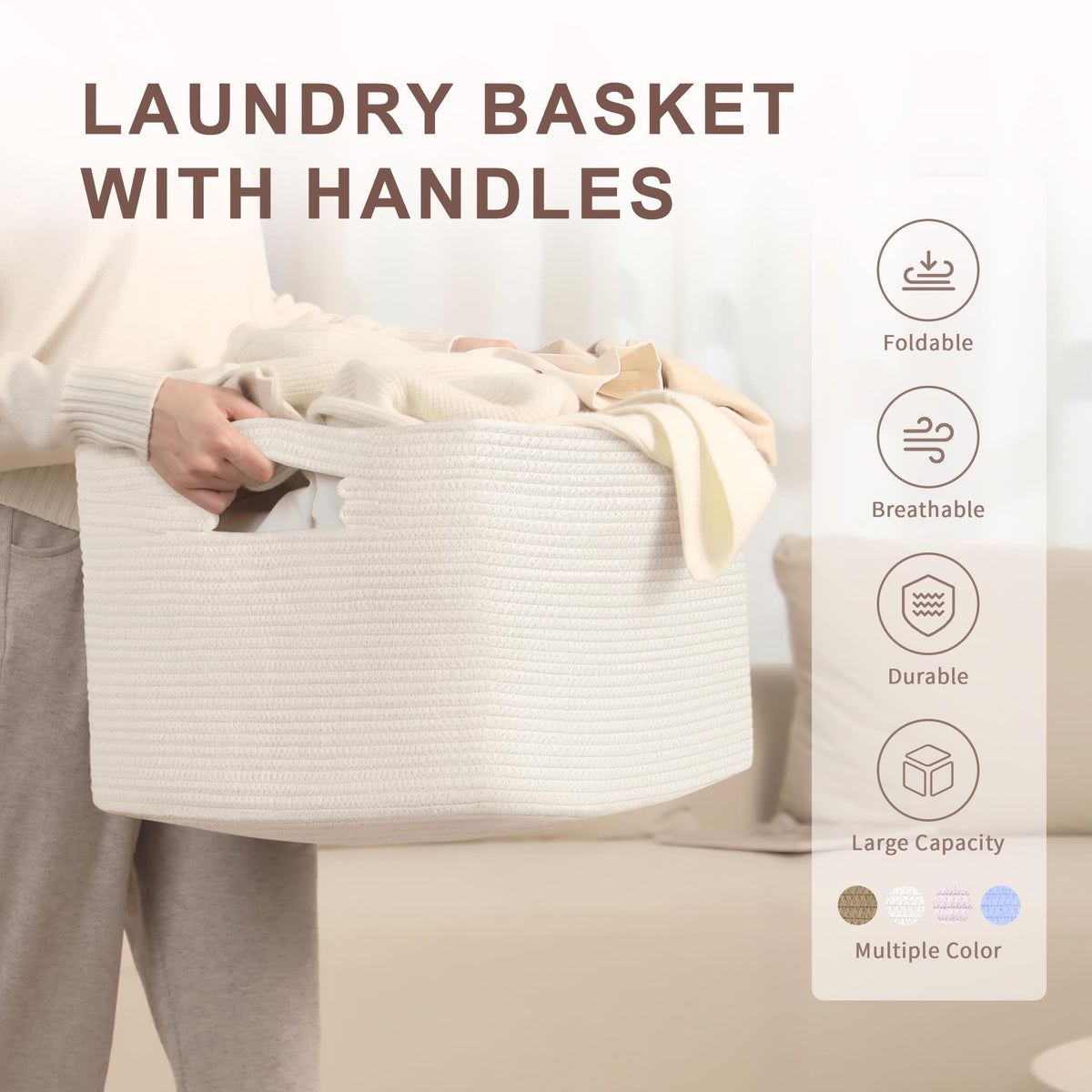 72L Large Woven Laundry Basket Hamper with Handles