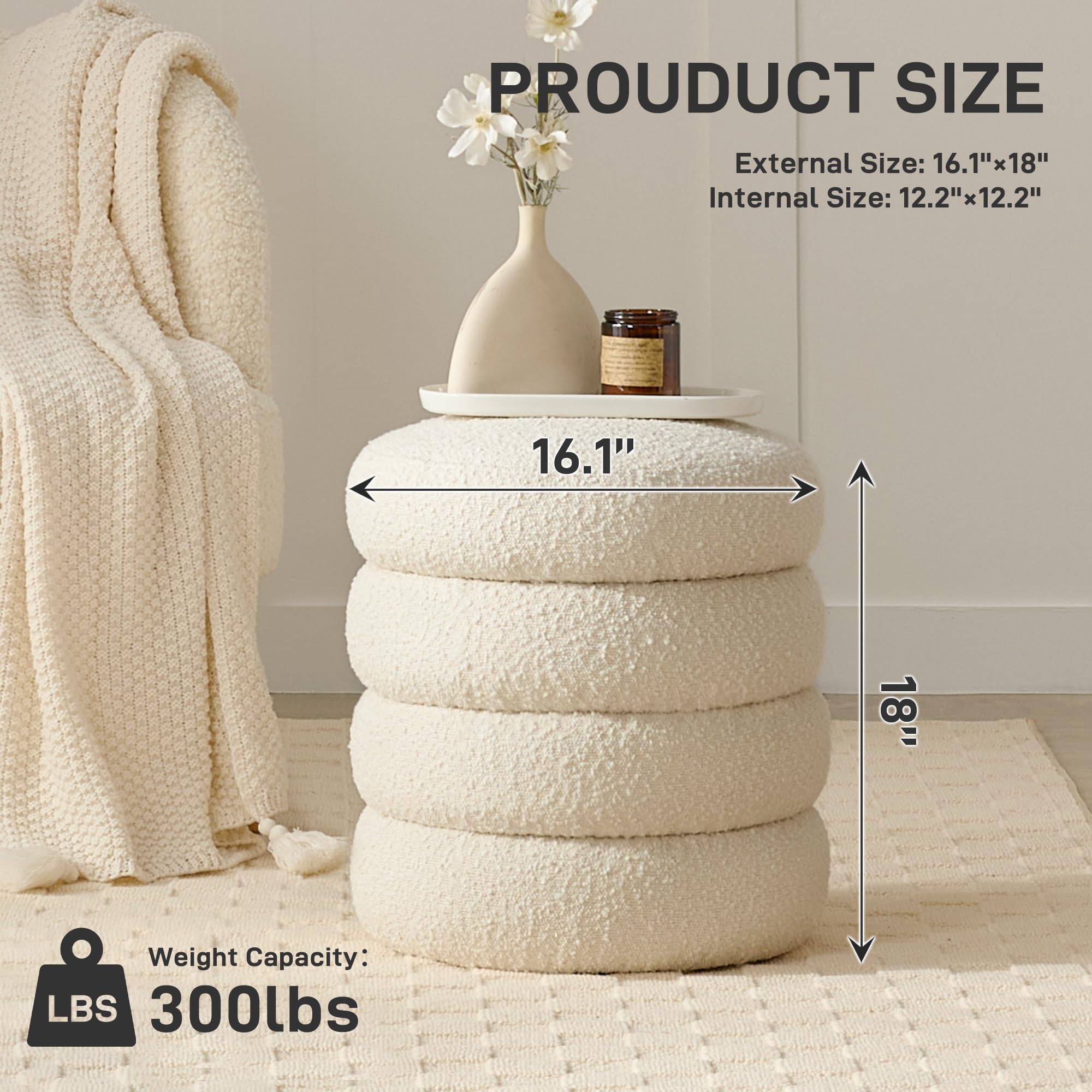 Round Ottoman with Storage Boucle Ottoman