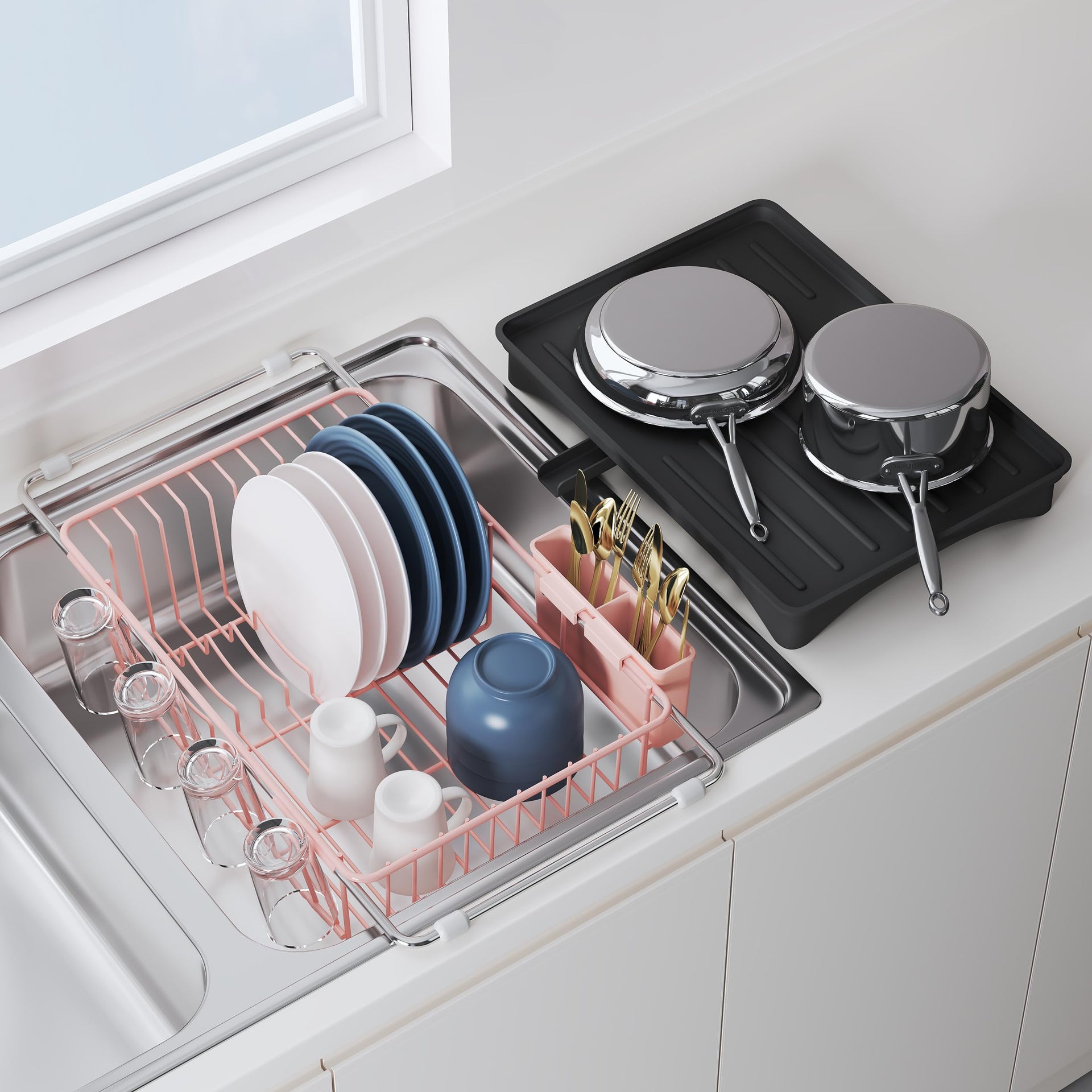 Pink Dish Drying Rack in Sink with Drainboard and Utensil Holder