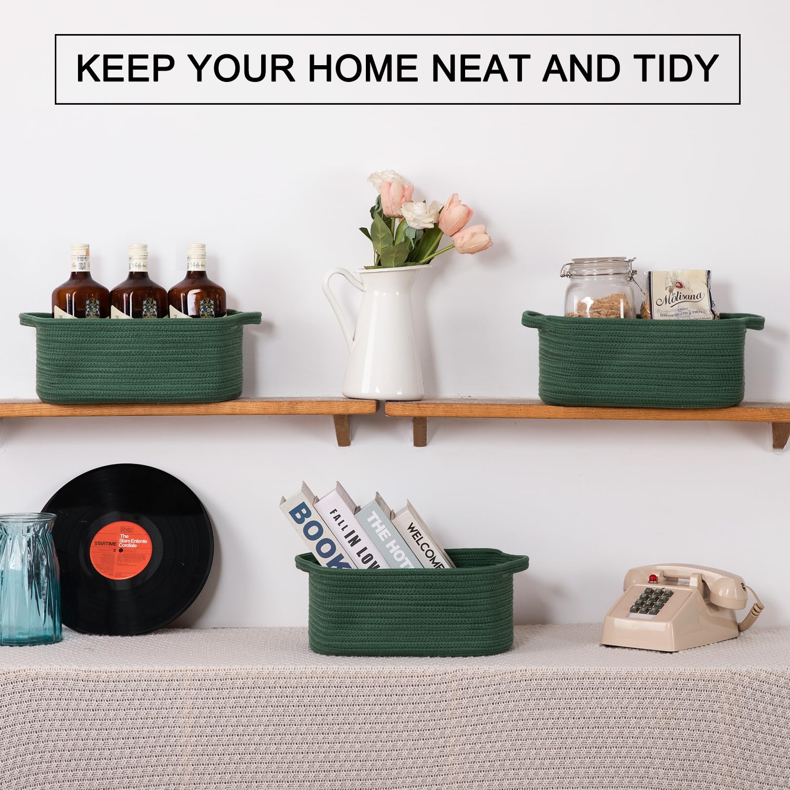 3 Pack Storage Baskets for Shelves Cotton Rope Storage Bins Green (3 Count)
