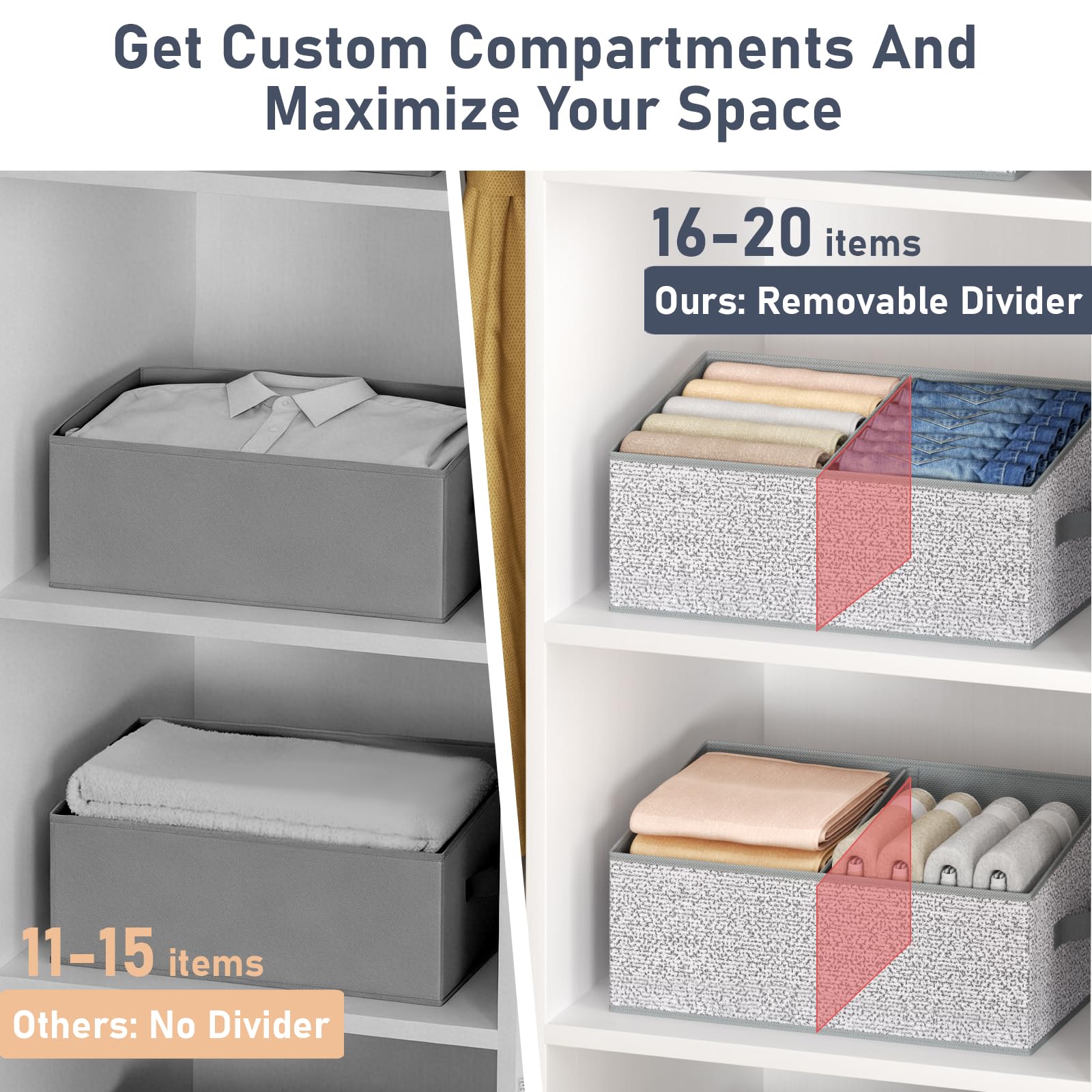 Large Closet Shelf Organizer Bins 6 Packs with Handles and Divider (6 Count)