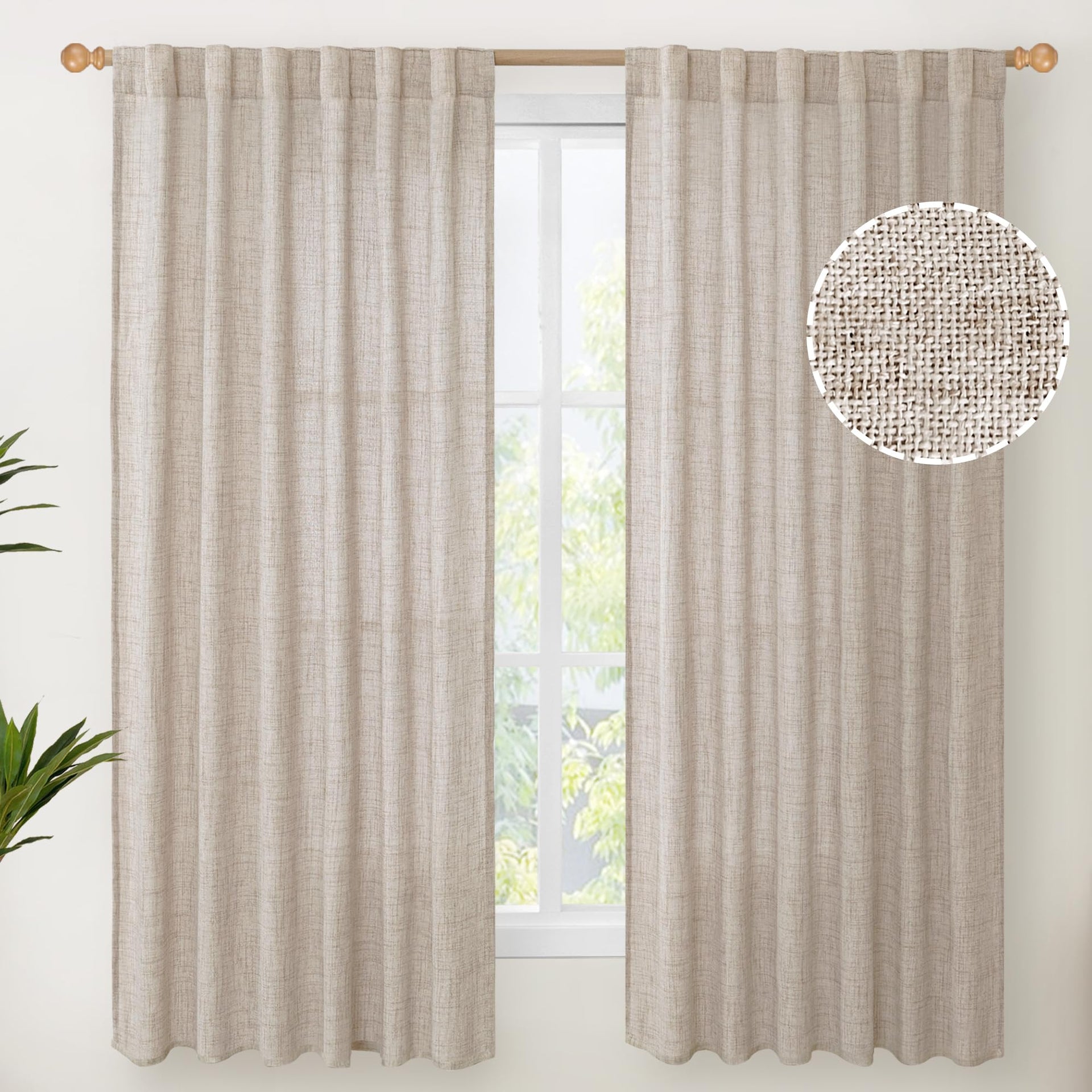 Beige Linen Semi Sheer Curtains 63 Inch Length for Living Room (2 Count)